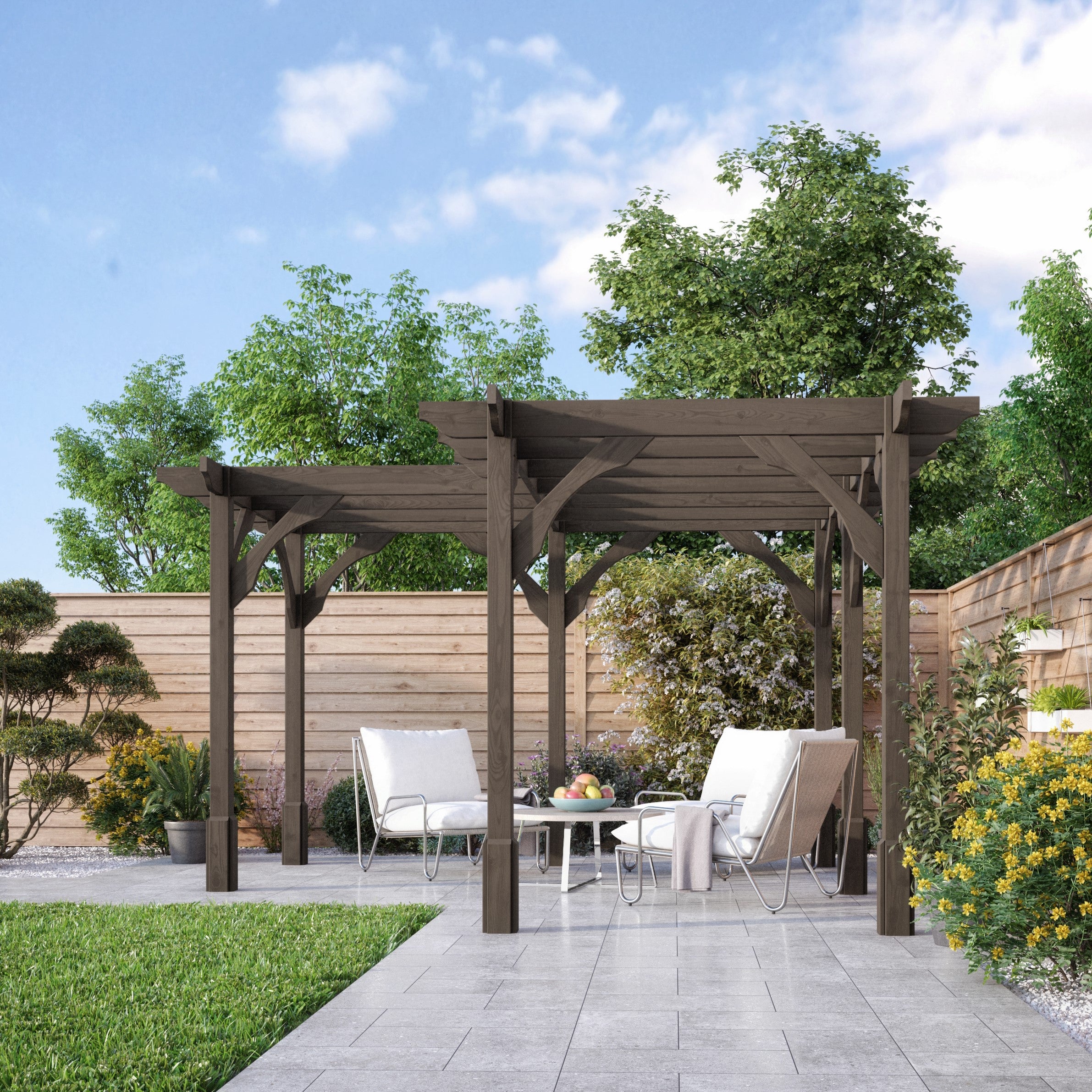 Freestanding Corner Premium Pergola - Rustic Brown - 4.8m Width x 4.8m Length