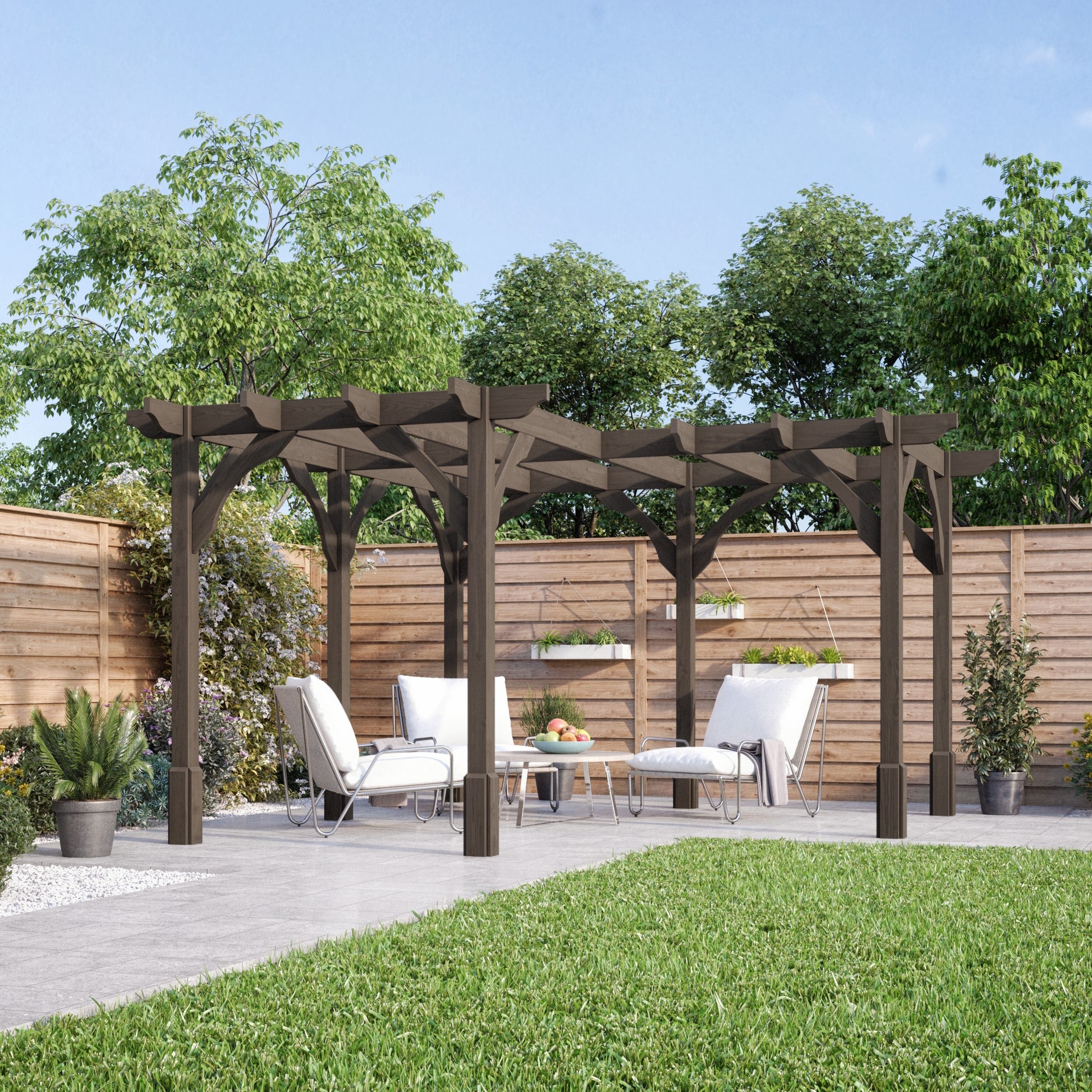 Freestanding Corner Premium Pergola - Rustic Brown - 4.8m Width x 4.8m Length
