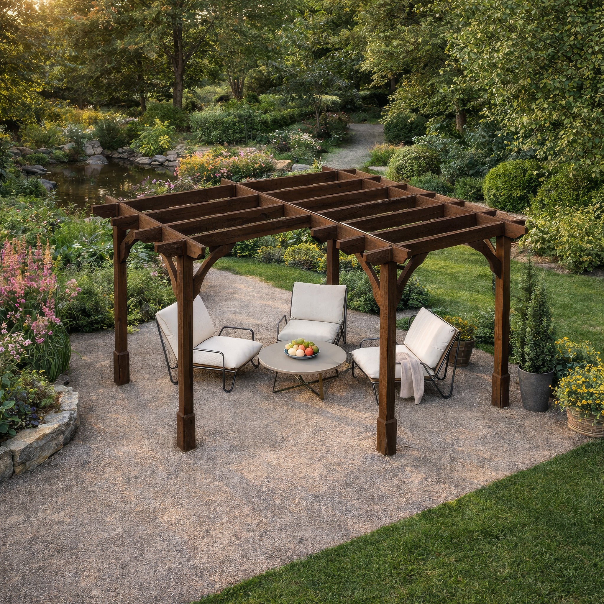 Freestanding Corner Premium Pergola - Rustic Brown - 4.2m Width x 4.2m Length