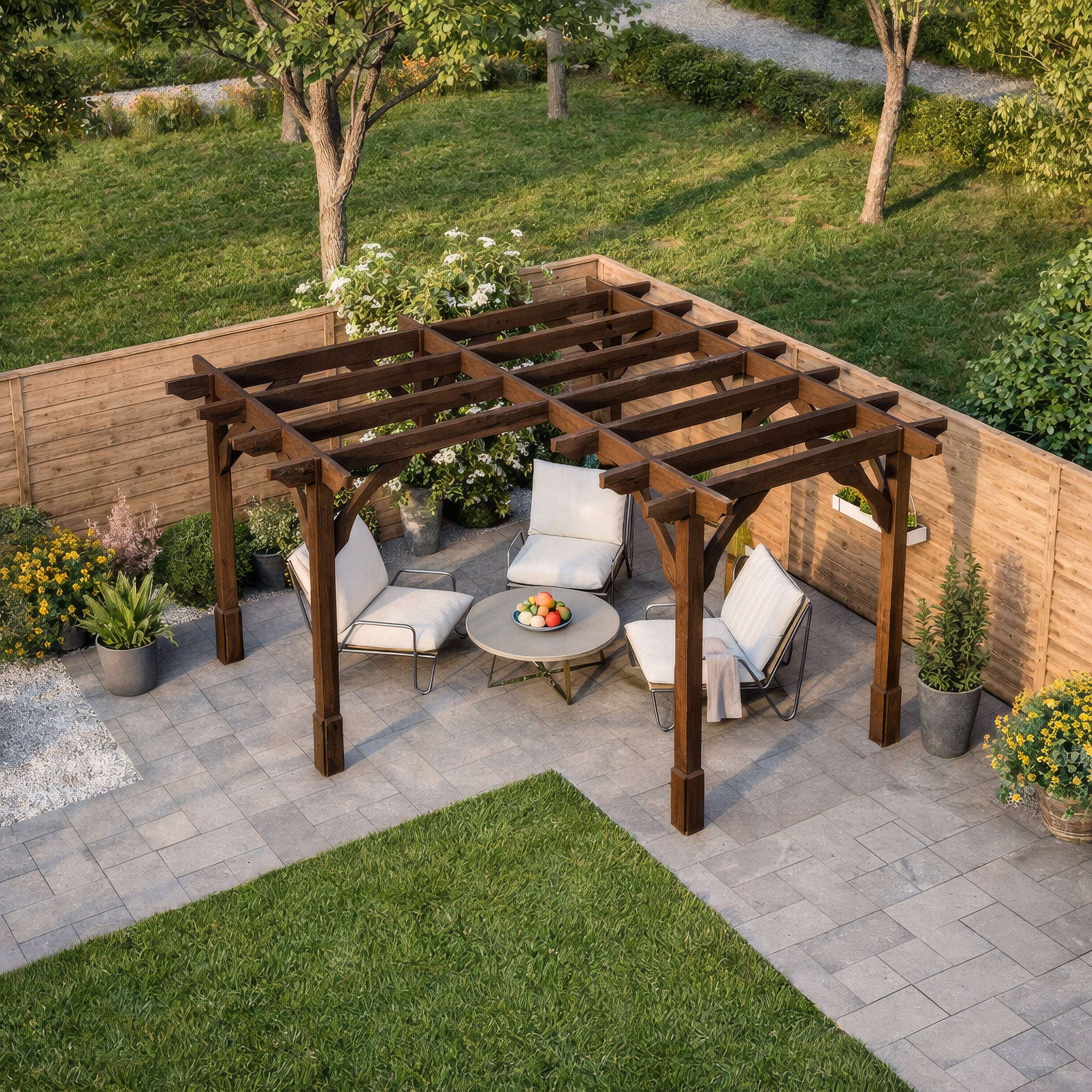 Freestanding Corner Premium Pergola - Rustic Brown - 3.6m Width x 3.6m Length