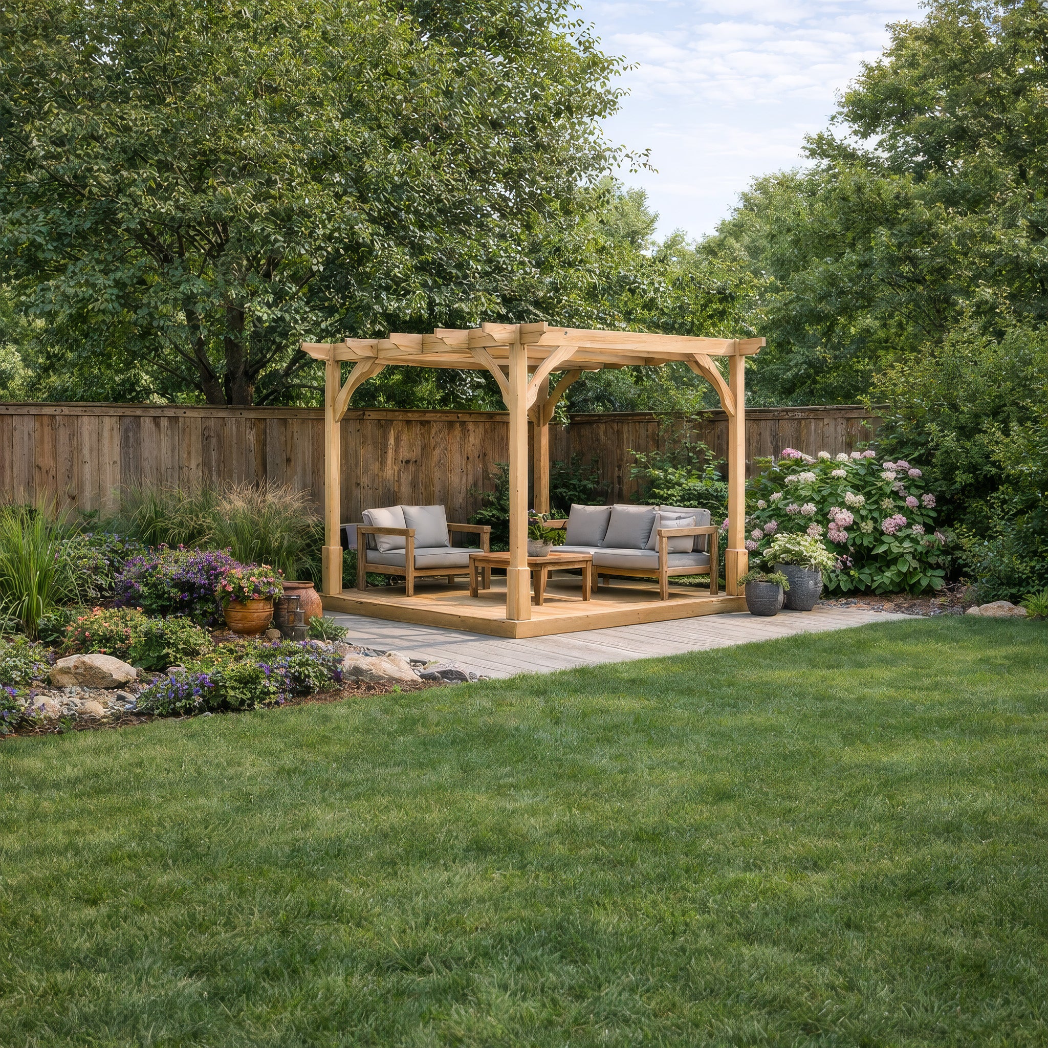 Freestanding Premium Pergola with Decking - Light Green - 2.4m Width x 2.4m Length