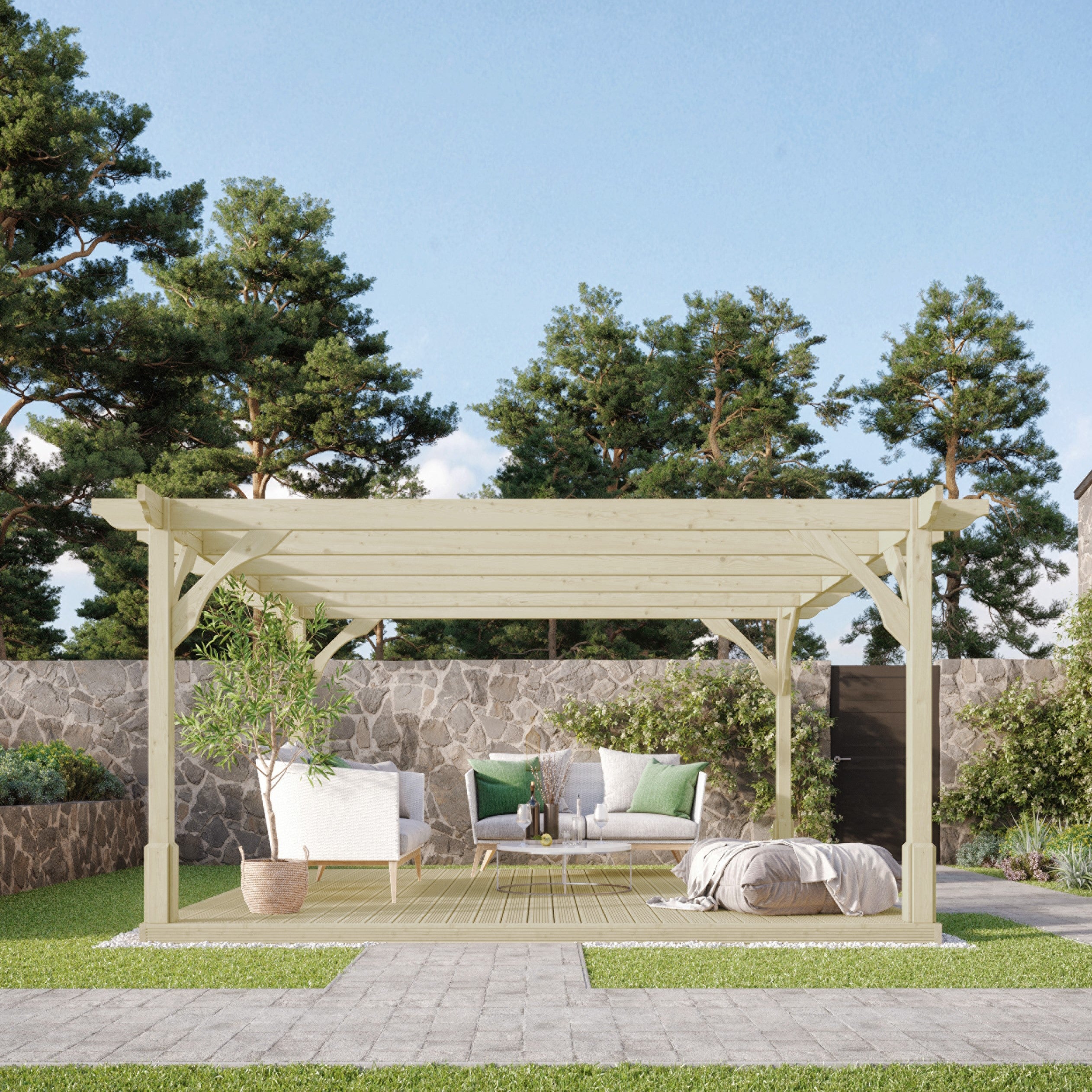 Freestanding Premium Pergola with Decking - Light Green - 2.4m Width x 2.4m Length