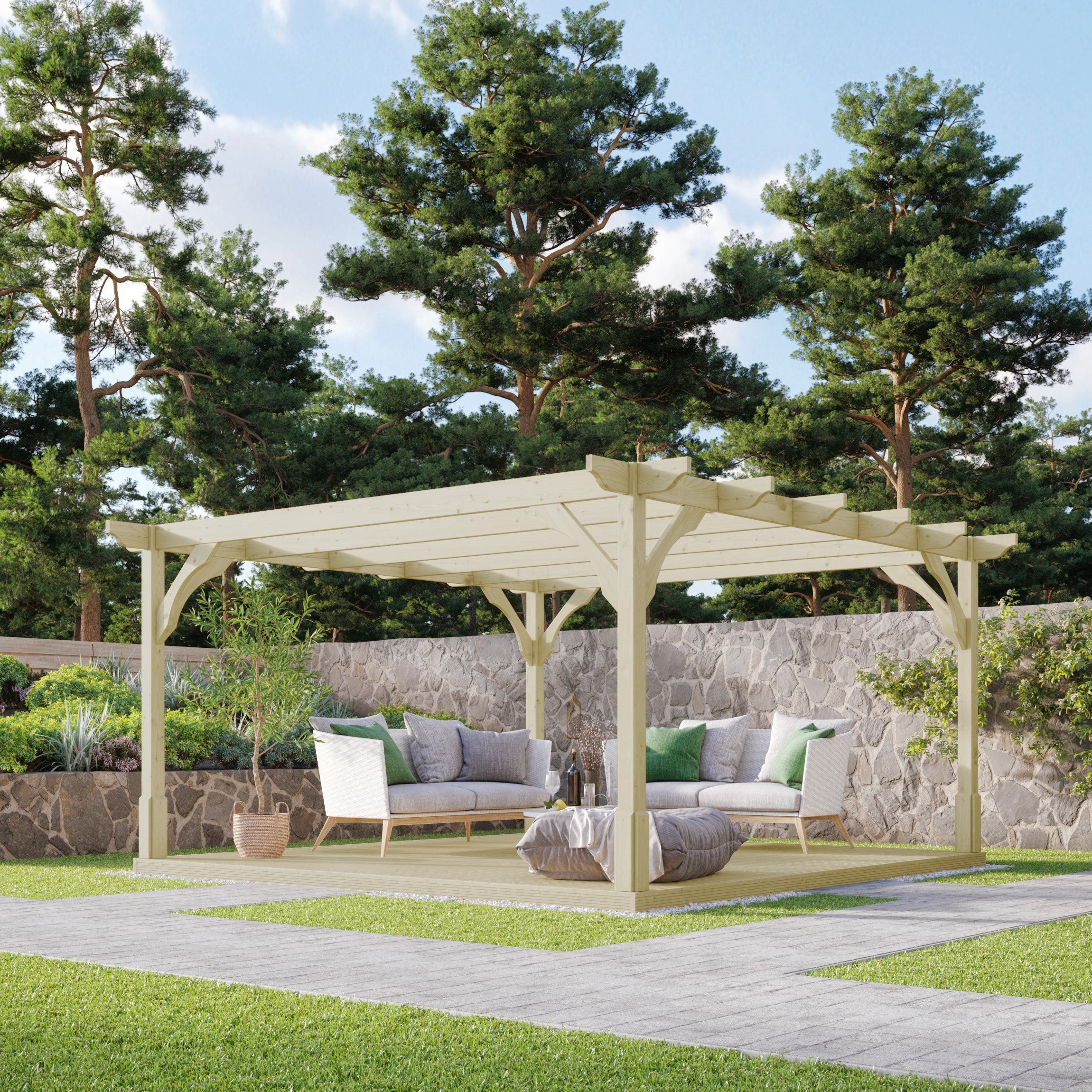 Freestanding Premium Pergola with Decking - Light Green - 2.4m Width x 2.4m Length