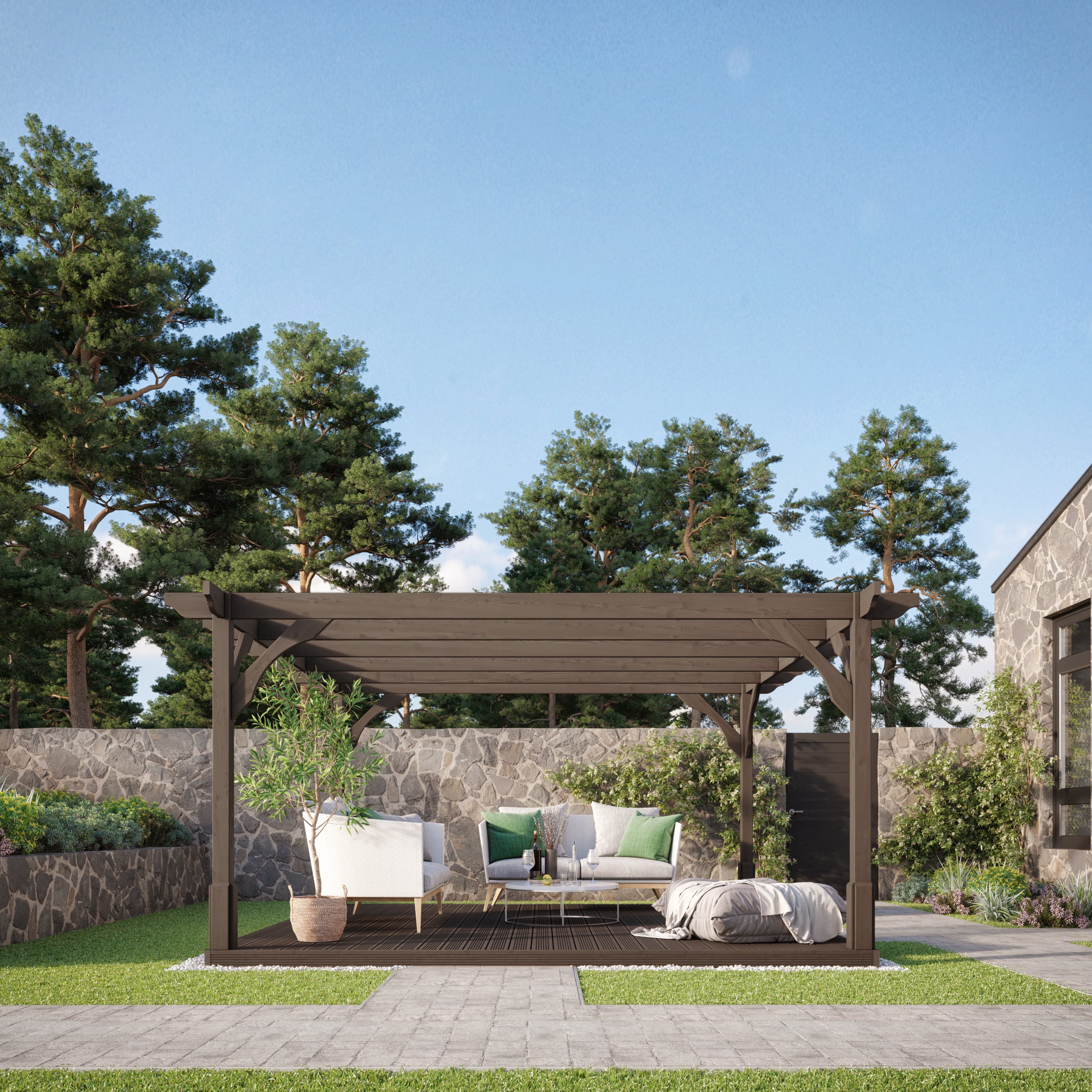 Freestanding Premium Pergola with Decking - Rustic Brown - 4.8m Width x 4.8m Length