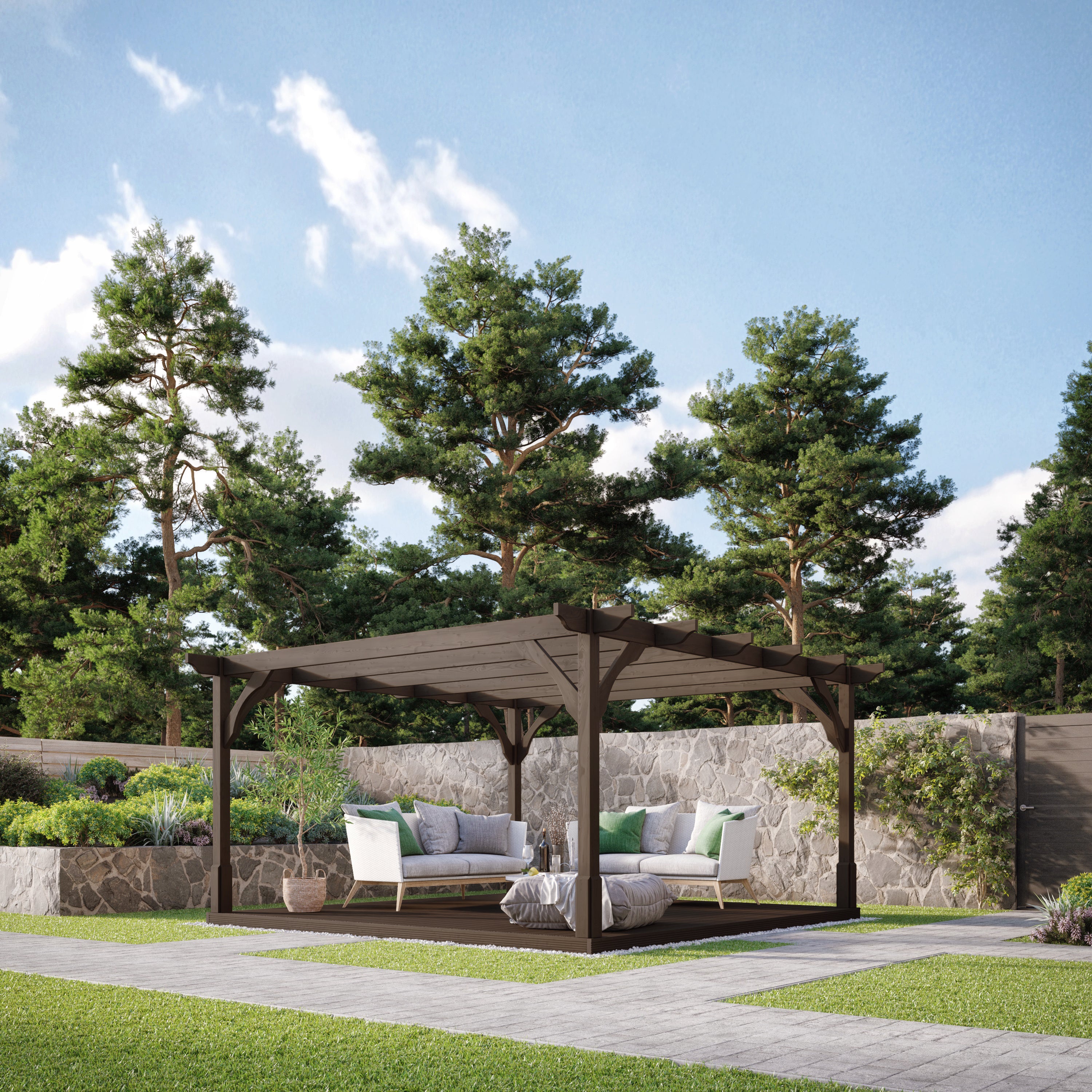Freestanding Premium Pergola with Decking - Rustic Brown - 4.8m Width x 4.8m Length