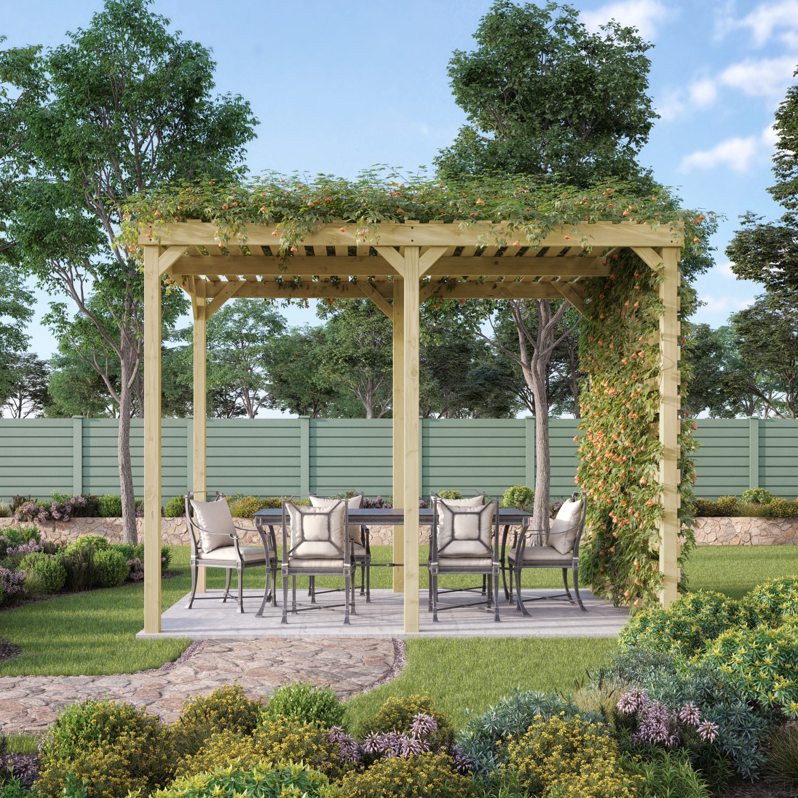 Freestanding Shade Pergola - Light Green - 3m Width x 4.2m Length