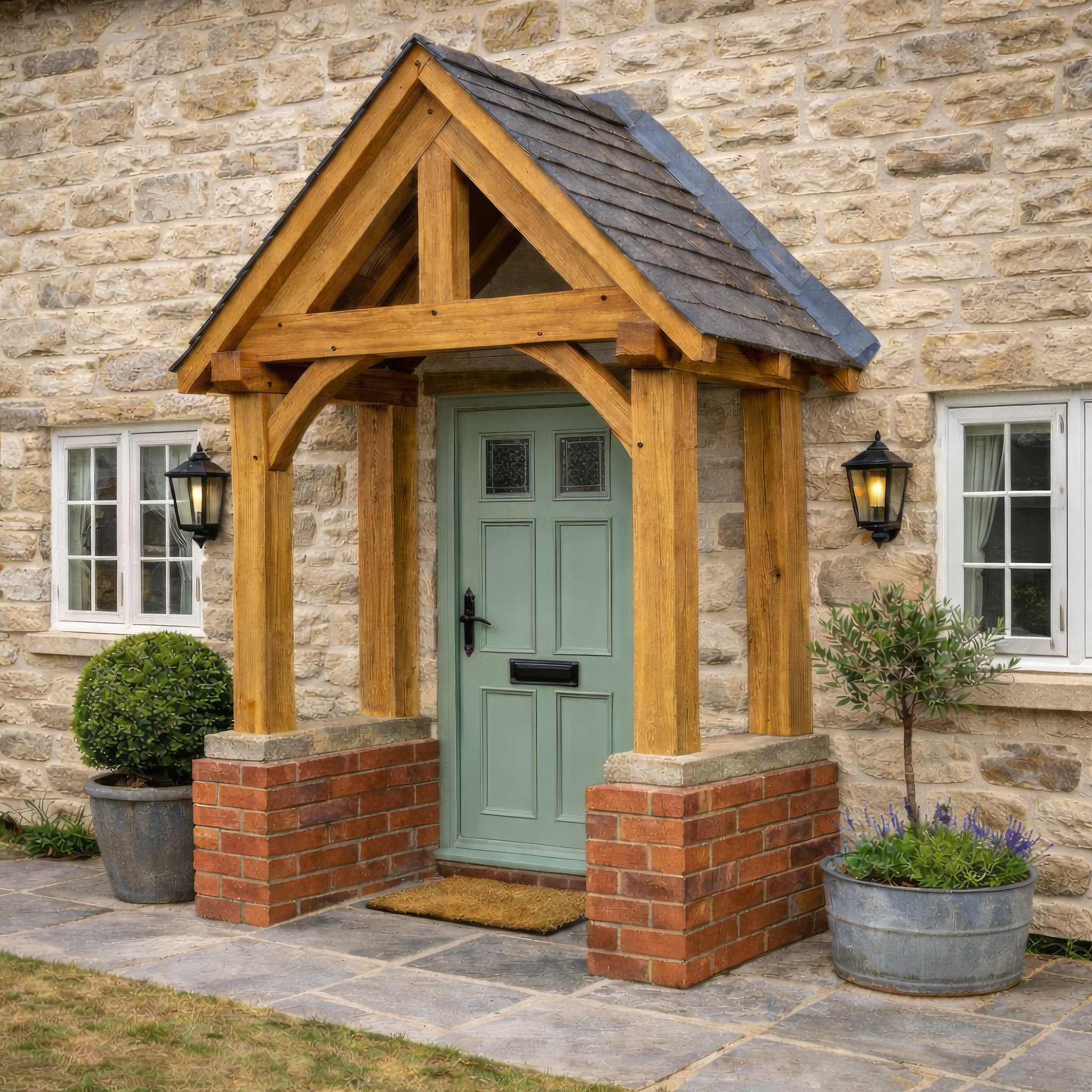 Green Oak Framed Brick Plinth Porch - 0.95m Depth x 1.97m Width