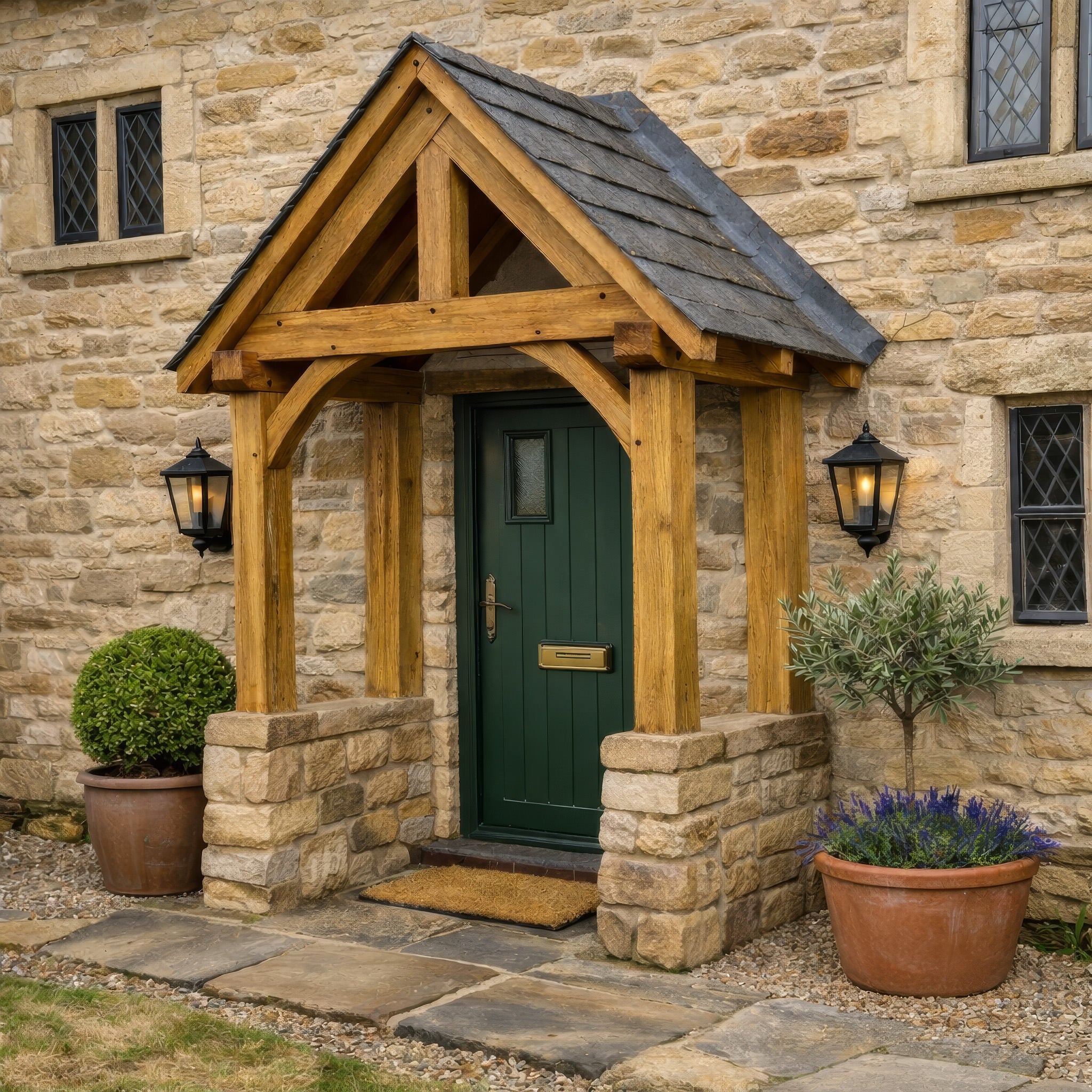 Green Oak Framed Brick Plinth Porch - 0.95m Depth x 1.97m Width