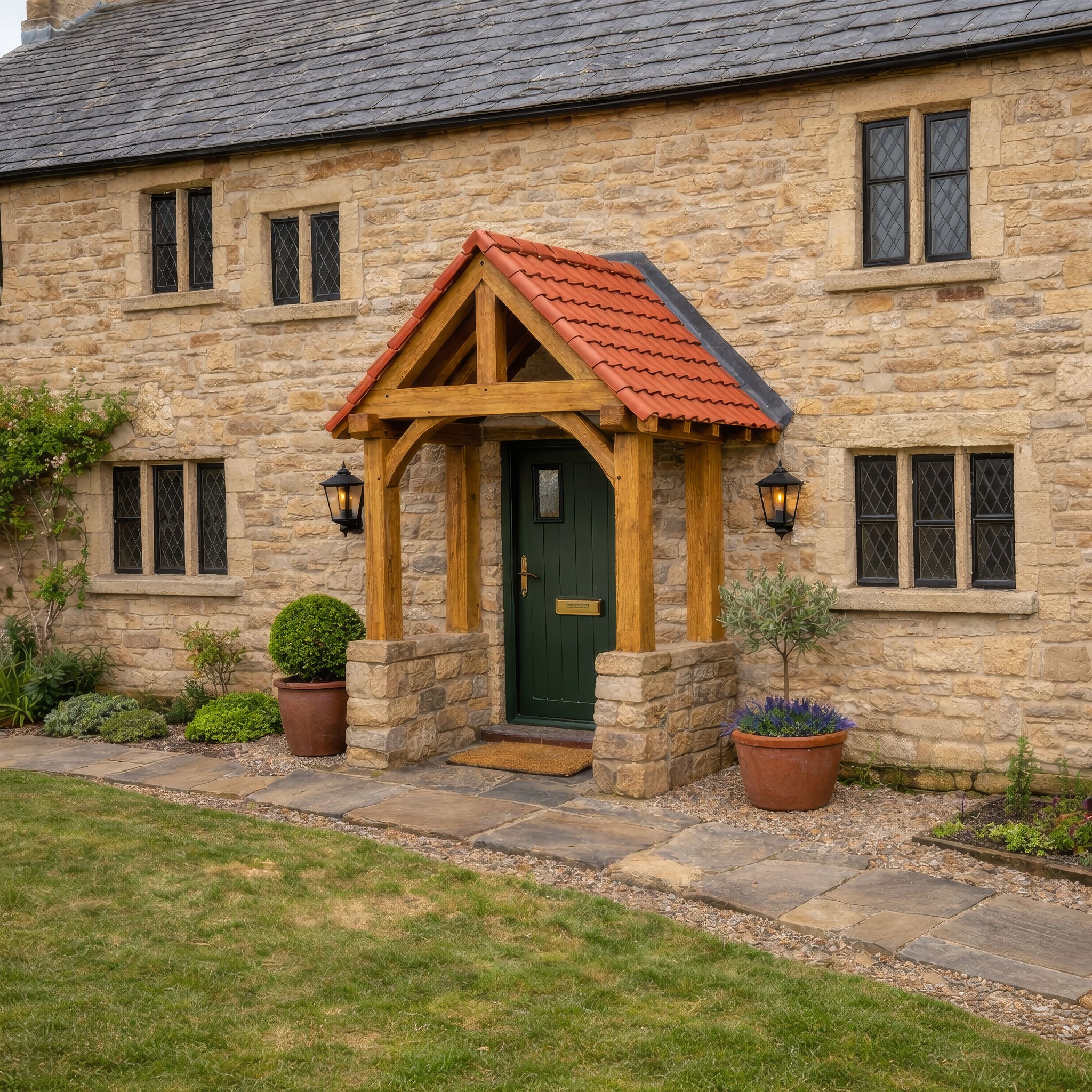 Green Oak Framed Brick Plinth Porch - 0.95m Depth x 1.97m Width
