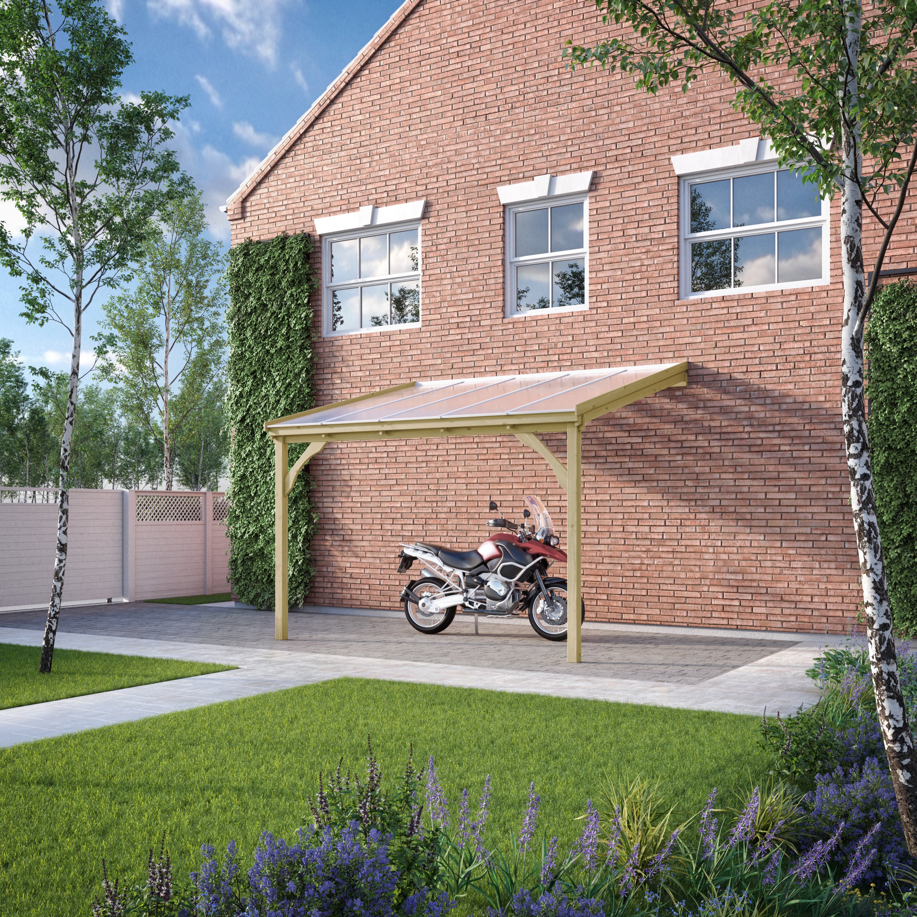 Wall Mounted Polycarbonate Roof Carport - Light Green - 3m Depth x 4.34m Width