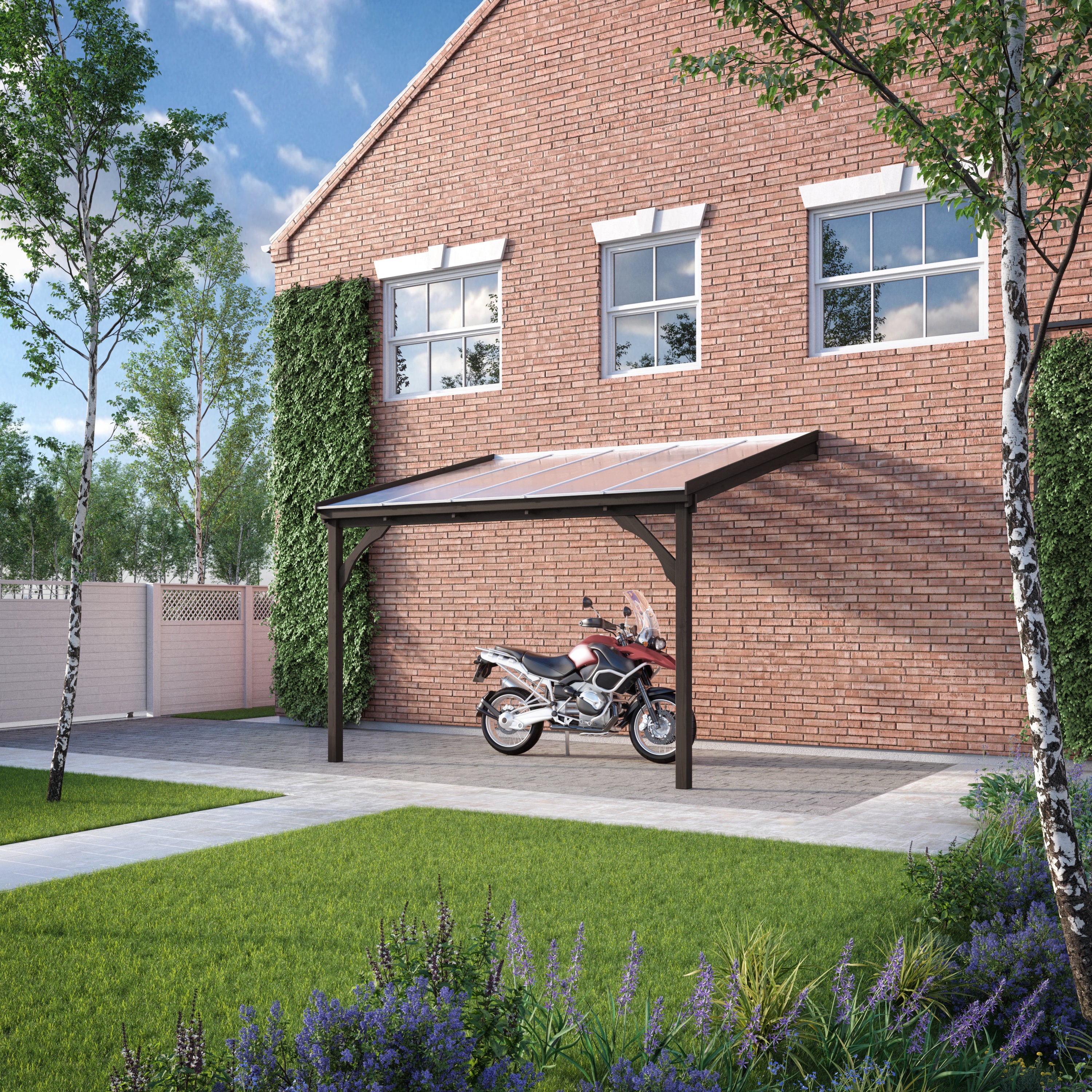 Wall Mounted Polycarbonate Roof Carport - Rustic Brown - 3m Depth x 4.34m Width
