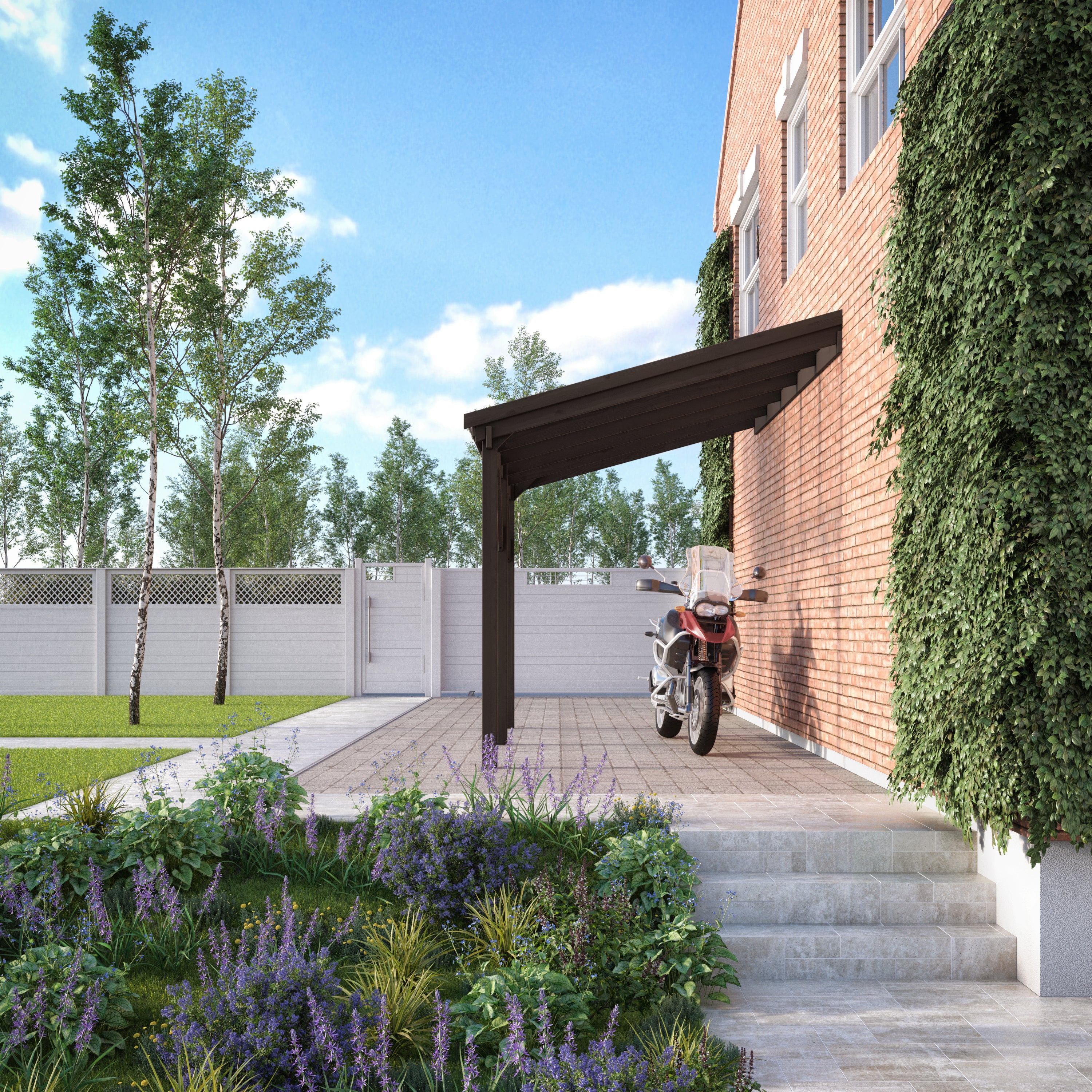 Wall Mounted Polycarbonate Roof Carport - Rustic Brown - 3m Depth x 7.22m Width