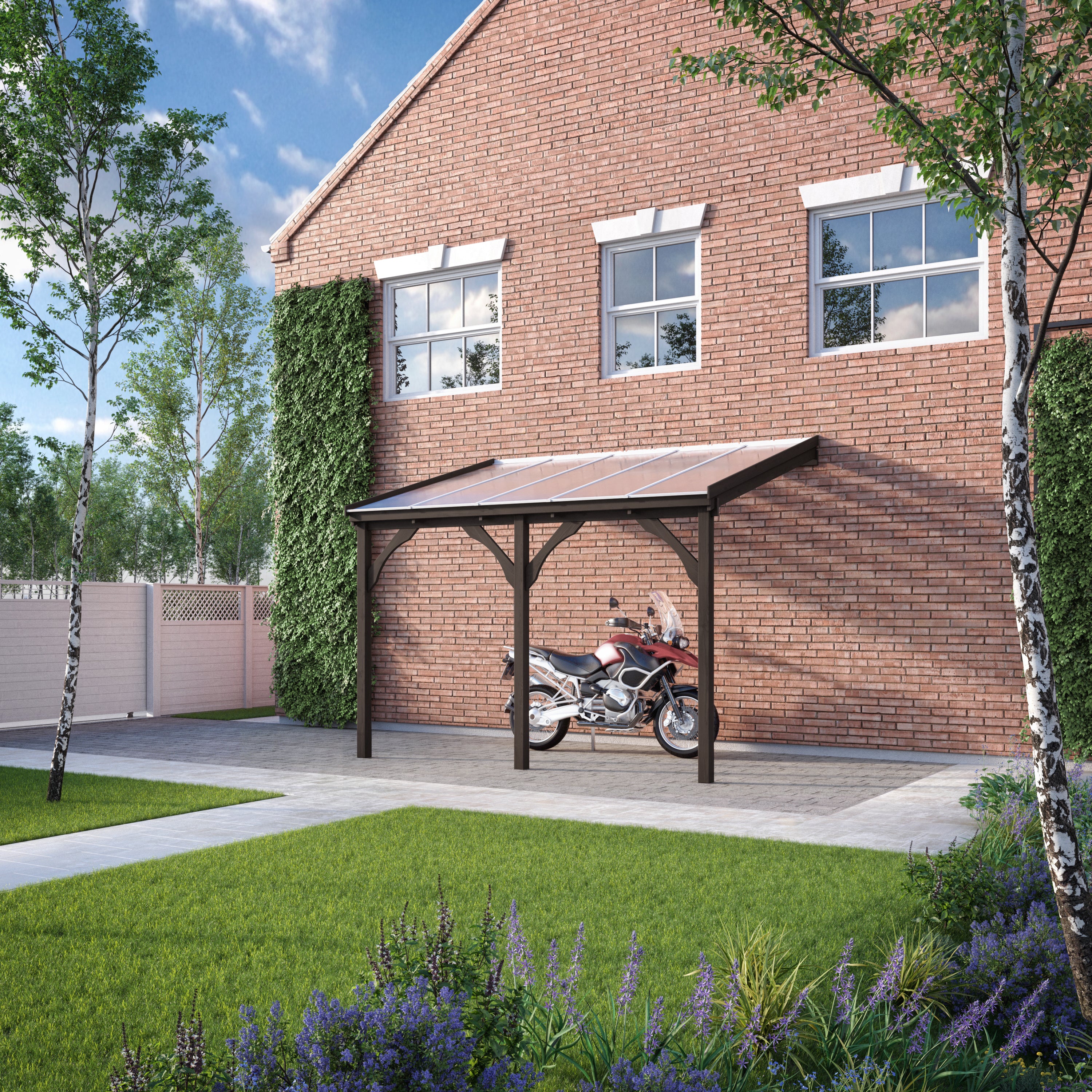 Wall Mounted Polycarbonate Roof Carport - Rustic Brown - 3m Depth x 7.22m Width