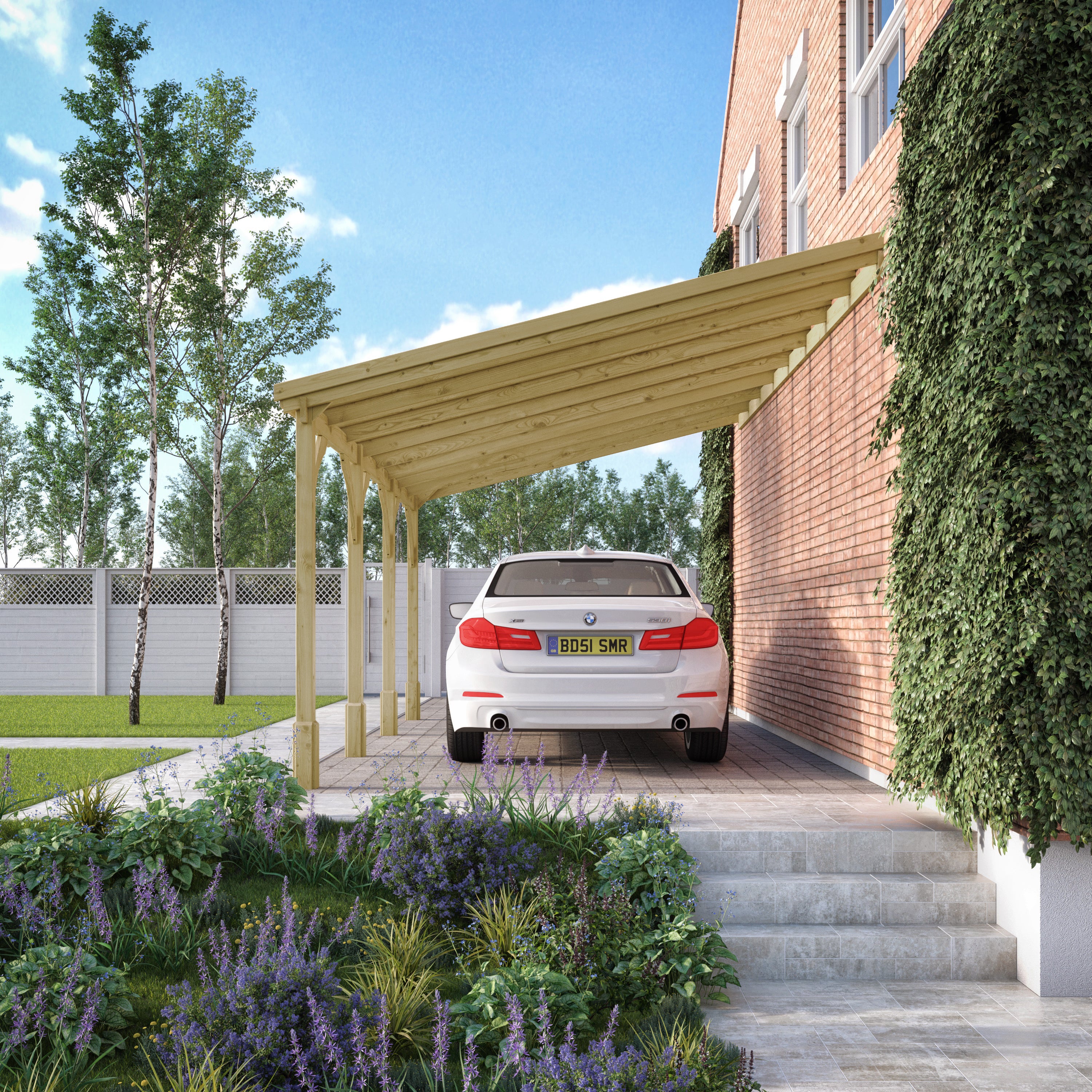 Wall Mounted Polycarbonate Roof Carport - Light Green - 2m Depth x 6.5m Width