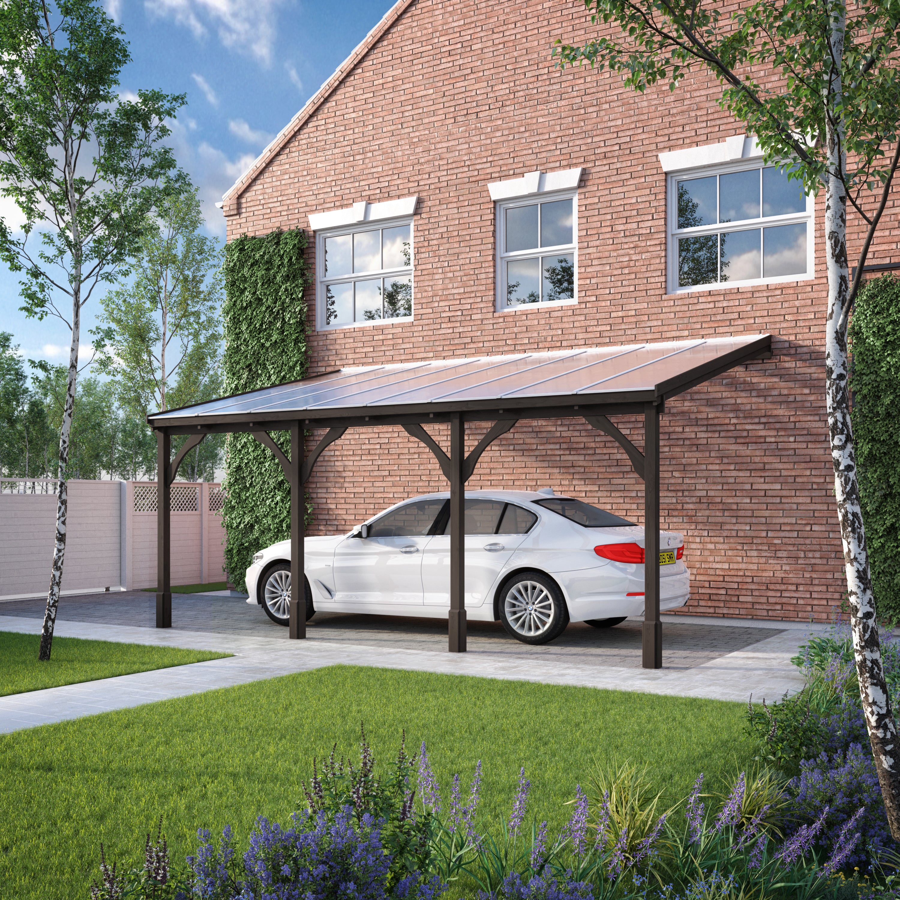 Wall Mounted Polycarbonate Roof Carport - Rustic Brown - 3m Depth x 7.22m Width