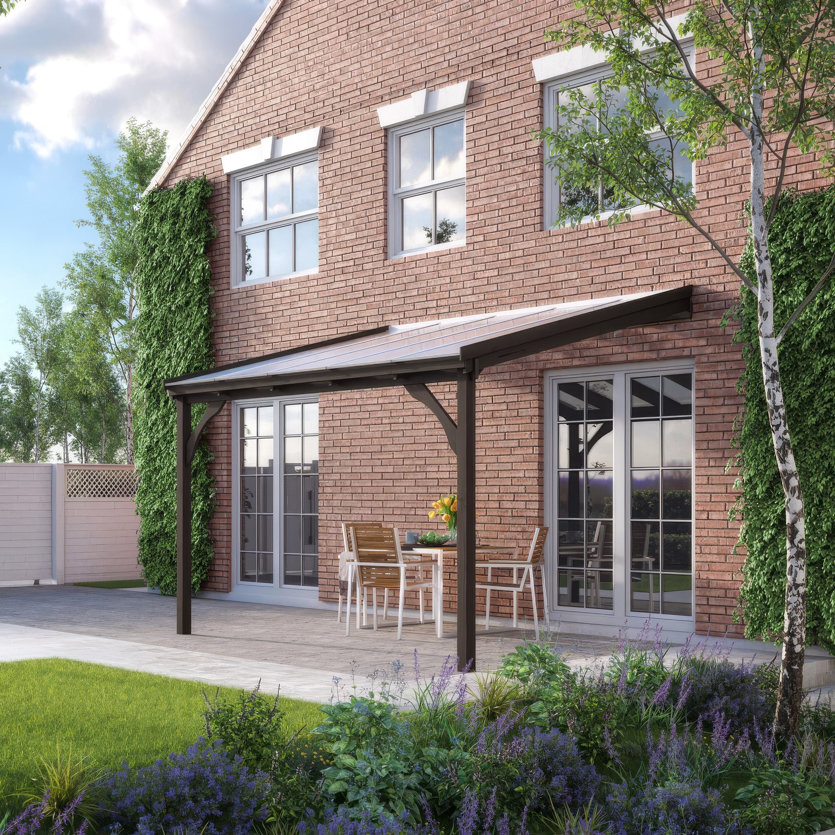 Wall Mounted Polycarbonate Roof Gazebo - Rustic Brown - 4.5m Depth x 3.62m Width