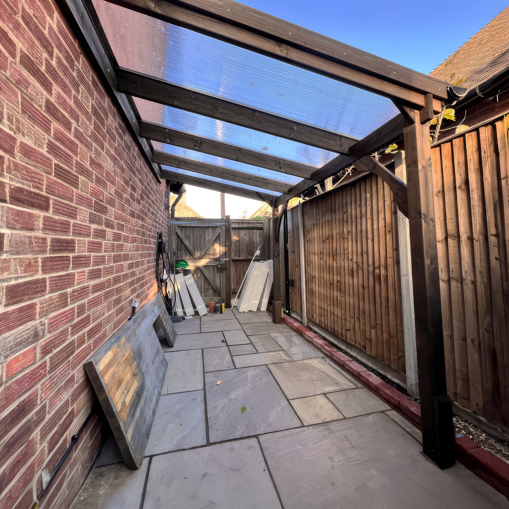 Wall Mounted Polycarbonate Roof Gazebo - Rustic Brown - 4m Depth x 2.9m Width