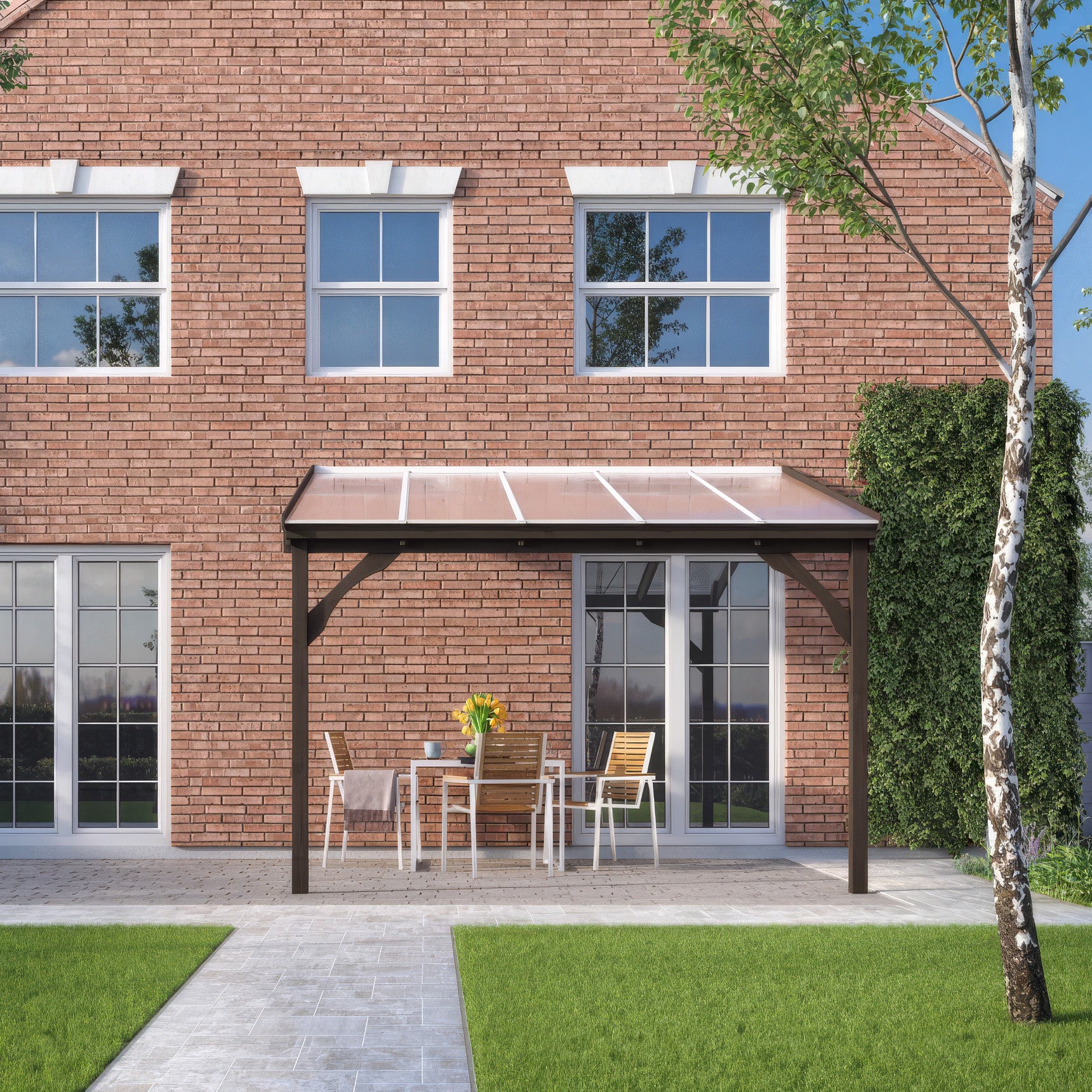 Wall Mounted Polycarbonate Roof Gazebo - Rustic Brown - 4.5m Depth x 2.9m Width