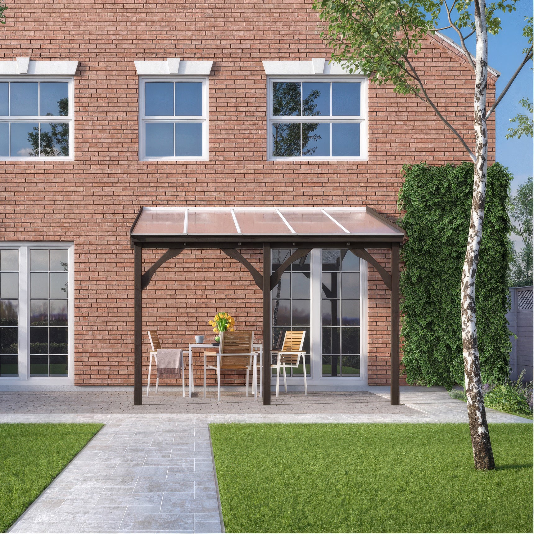 Wall Mounted Polycarbonate Roof Gazebo - Rustic Brown - 4.5m Depth x 5.78m Width