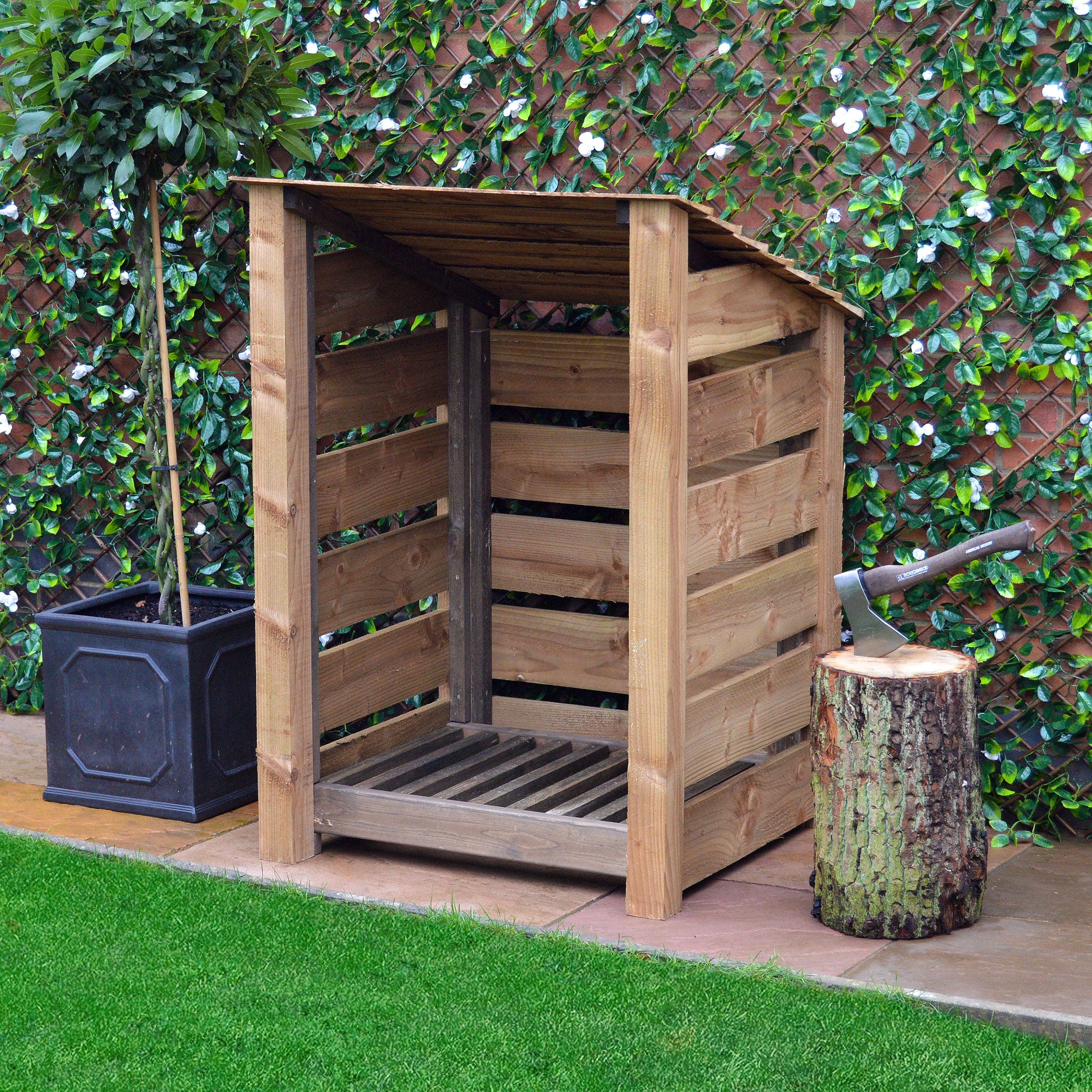 Burley Log Store - Rustic Brown - Slatted Panels - 3ft Wide x 4ft Tall