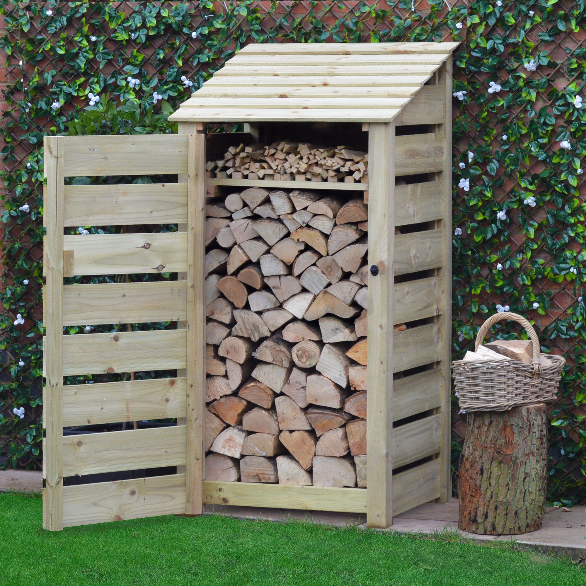 Burley Log Store - Light Green - Slatted Panels - 3ft Wide x 6ft Tall