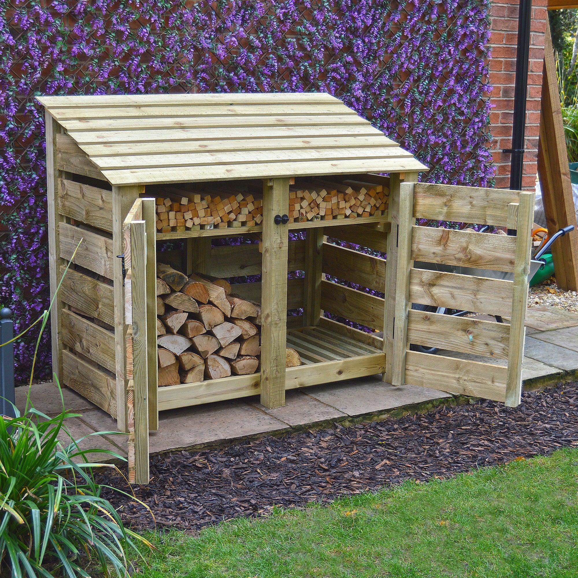 Cottesmore Log Store - Light Green - Slatted Panels - 5ft Wide x 4ft Tall