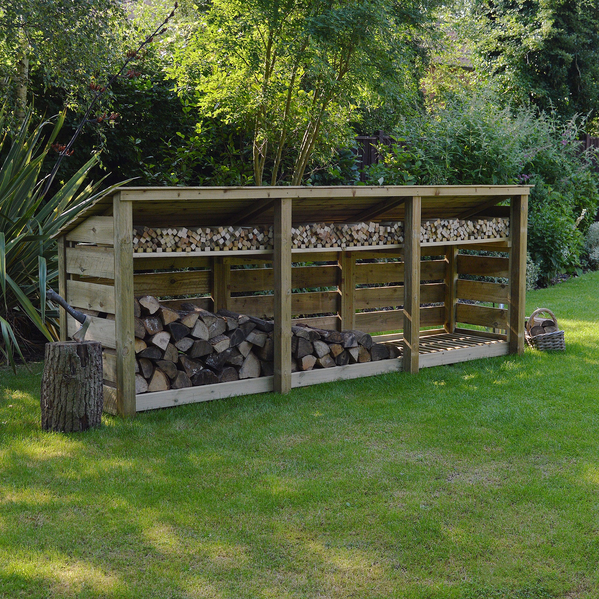 Empingham Log Store - Light Green - Slatted Panels - 11ft Wide x 4ft Tall