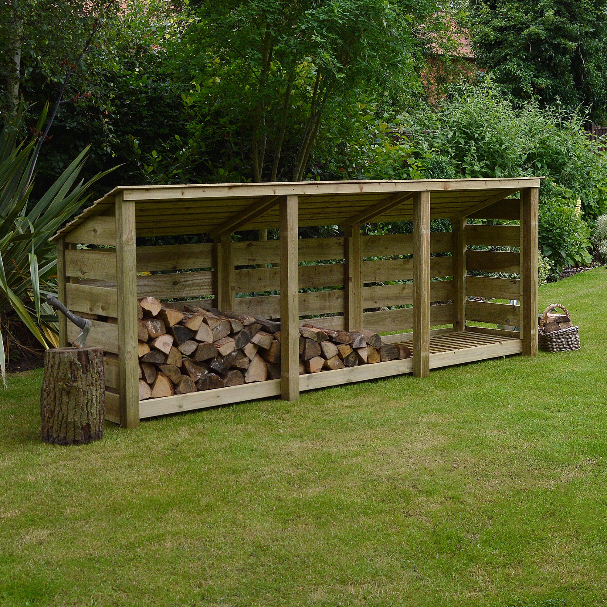 Empingham Log Store - Light Green - Slatted Panels - 11ft Wide x 4ft Tall
