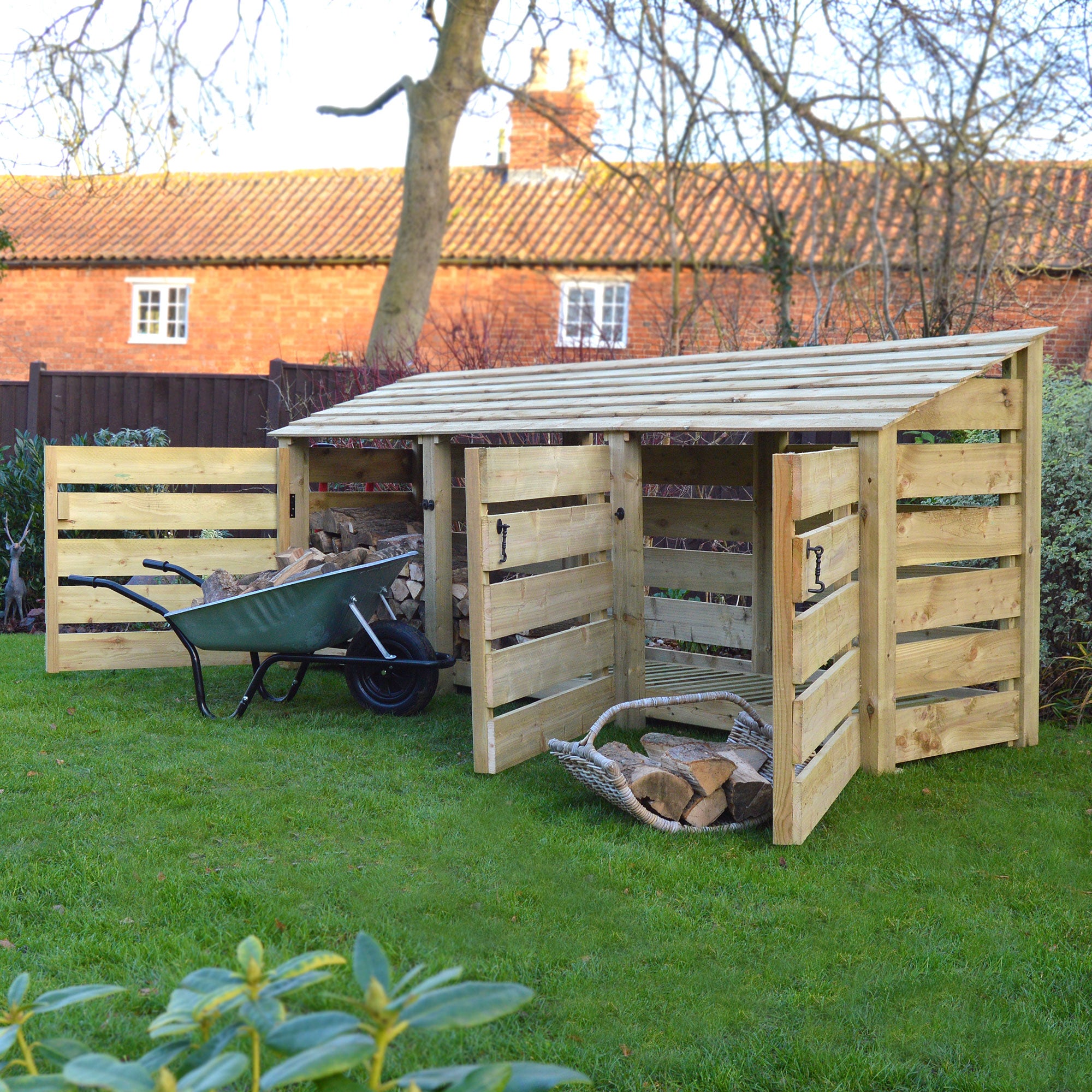 Empingham Log Store - Light Green - Slatted Panels - 11ft Wide x 4ft Tall