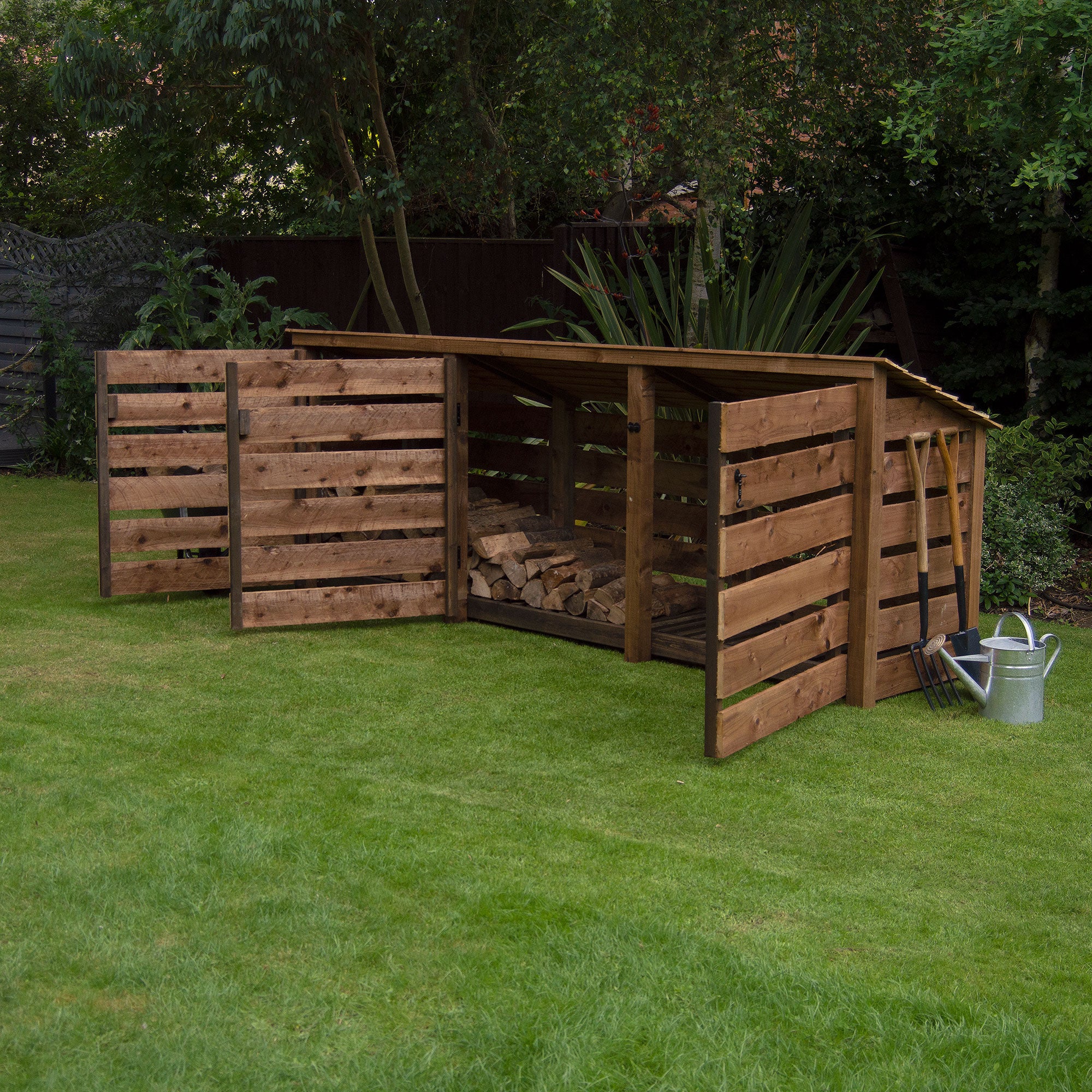 Ryhall Log Store - Rustic Brown - Slatted Panels - 9ft Wide x 4ft Tall