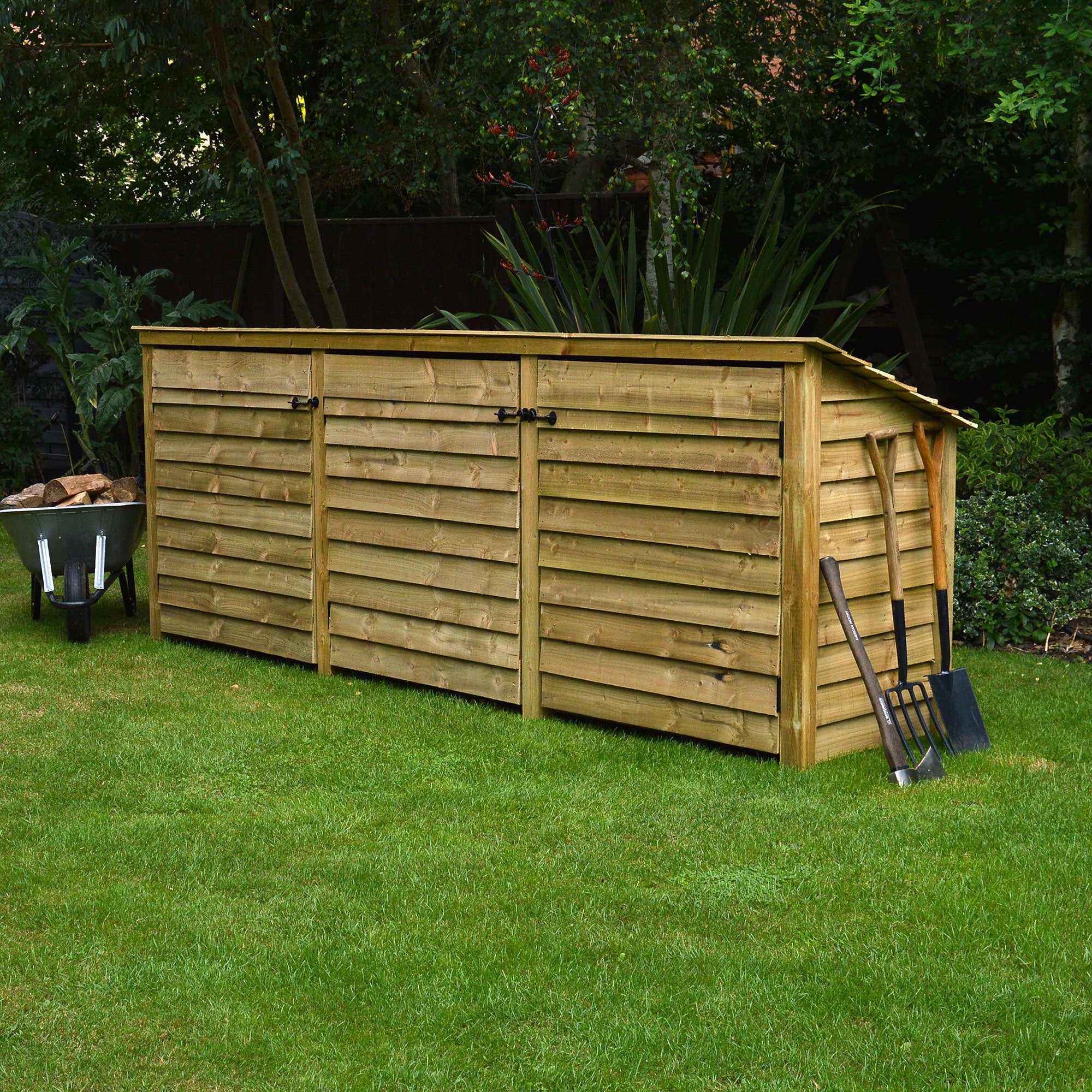 Empingham Log Store - Light Green - Solid Panels - 11ft Wide x 4ft Tall