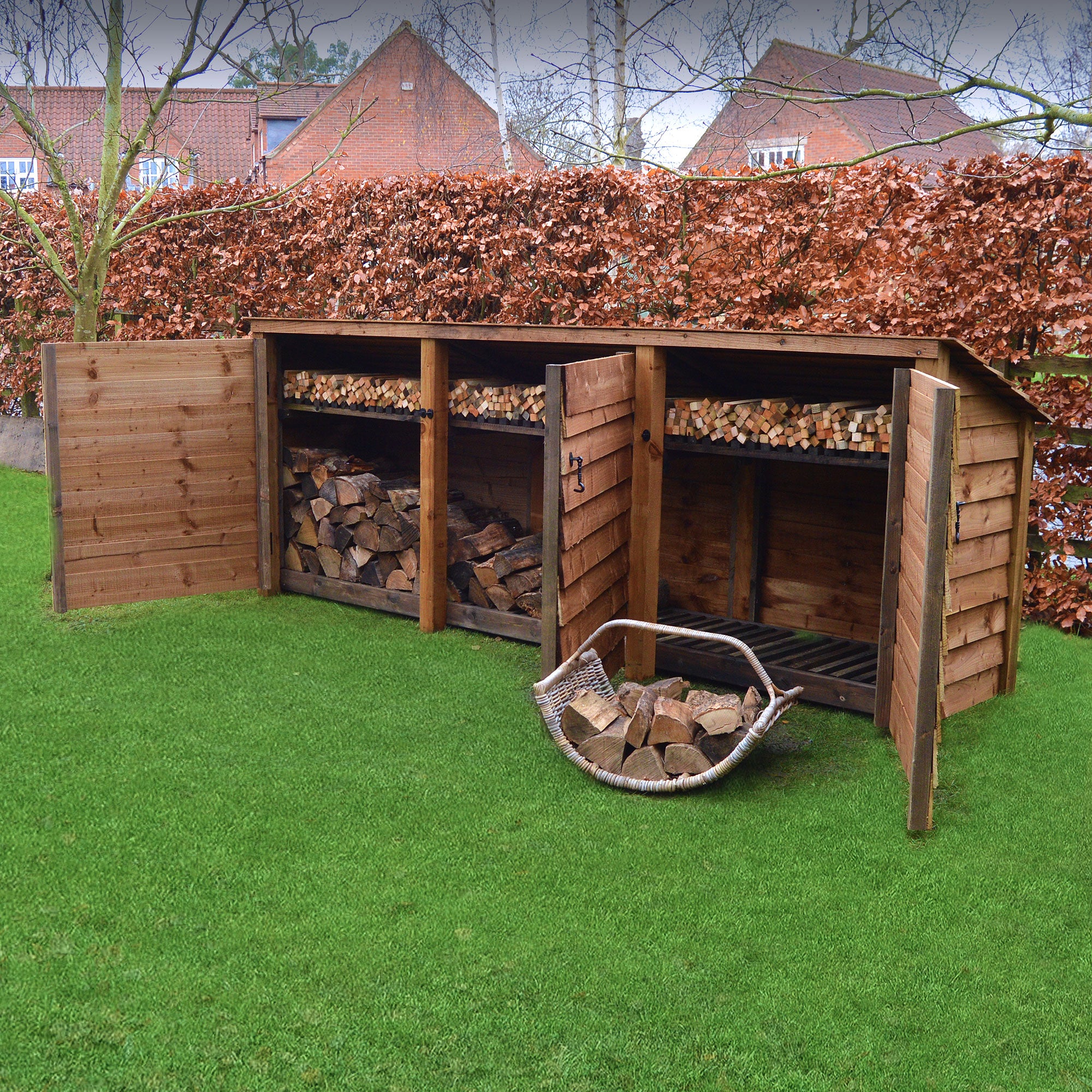 Empingham Log Store - Rustic Brown - Solid Panels - 11ft Wide x 4ft Tall