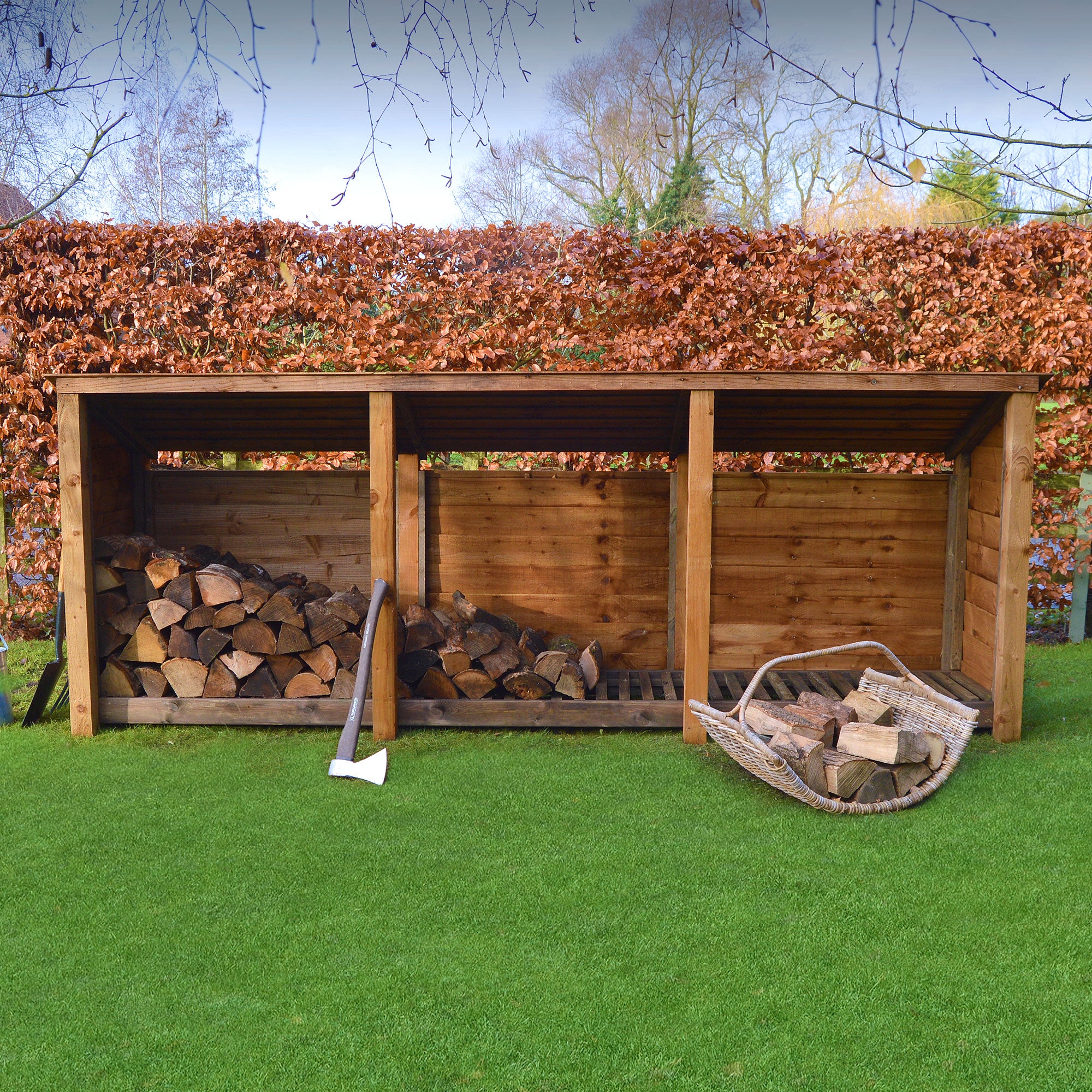 Ryhall Log Store - Rustic Brown - Solid Panels - 9ft Wide x 4ft Tall