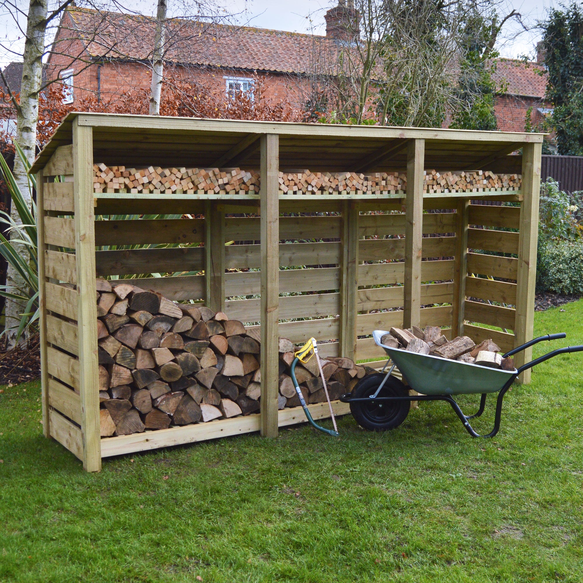 Empingham Log Store - Light Green - Slatted Panels - 11ft Wide x 6ft Tall