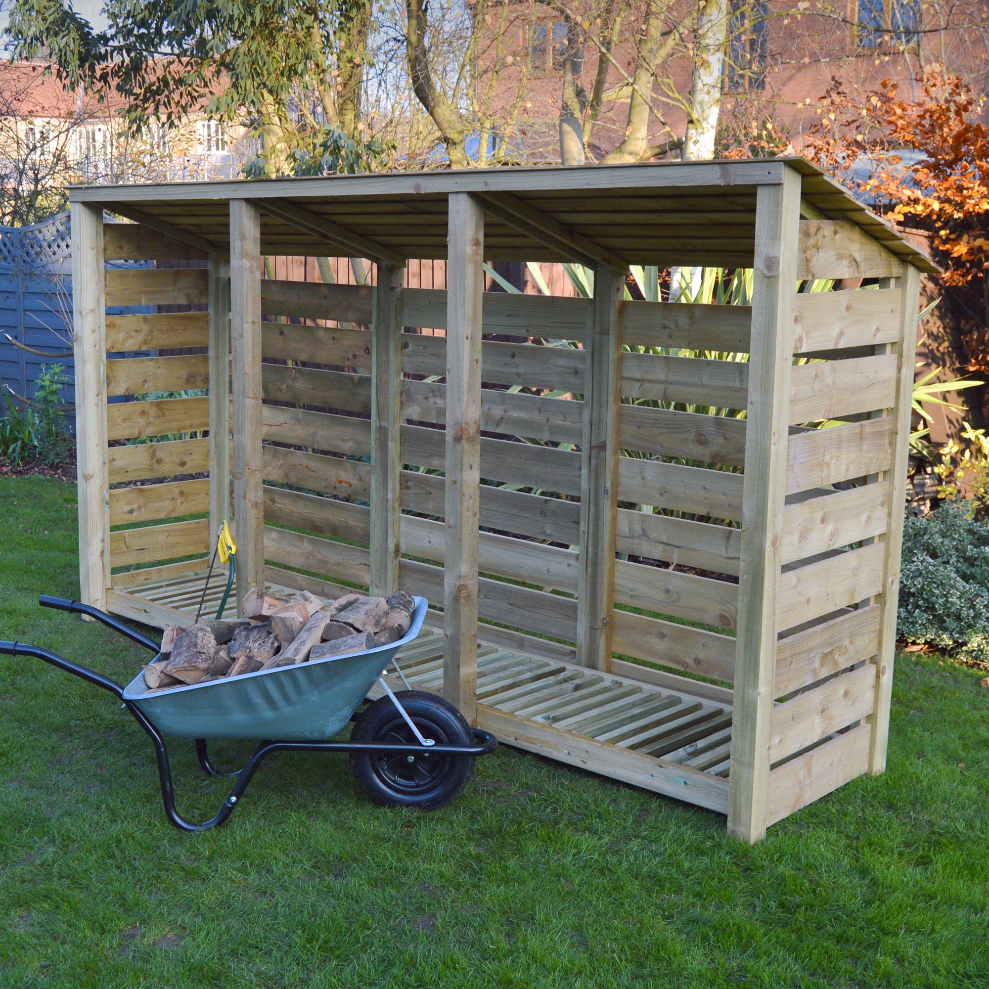 Empingham Log Store - Light Green - Slatted Panels - 11ft Wide x 6ft Tall