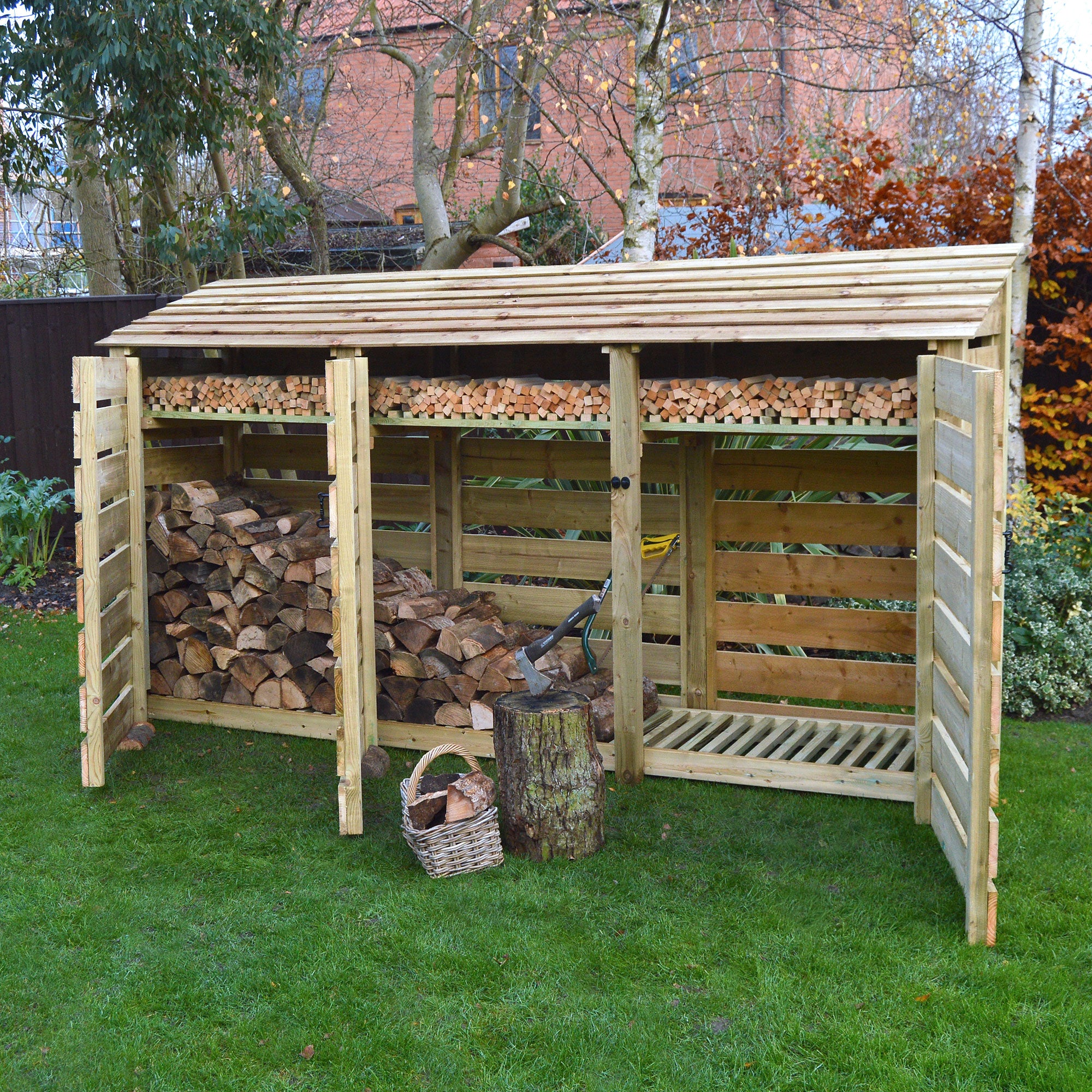 Empingham Log Store - Light Green - Slatted Panels - 11ft Wide x 6ft Tall