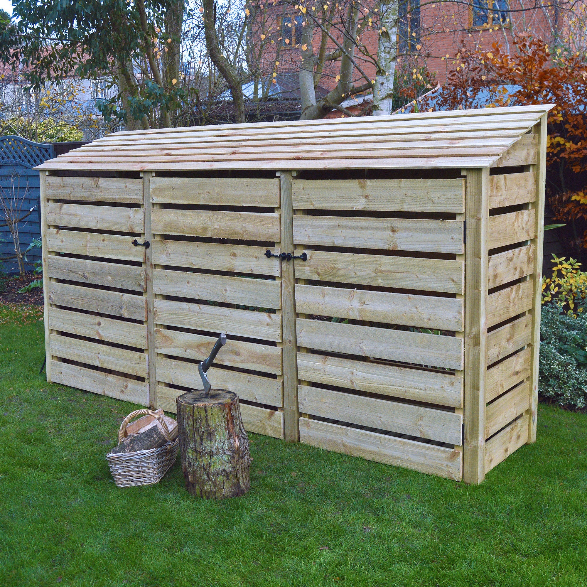 Empingham Log Store - Light Green - Slatted Panels - 11ft Wide x 6ft Tall