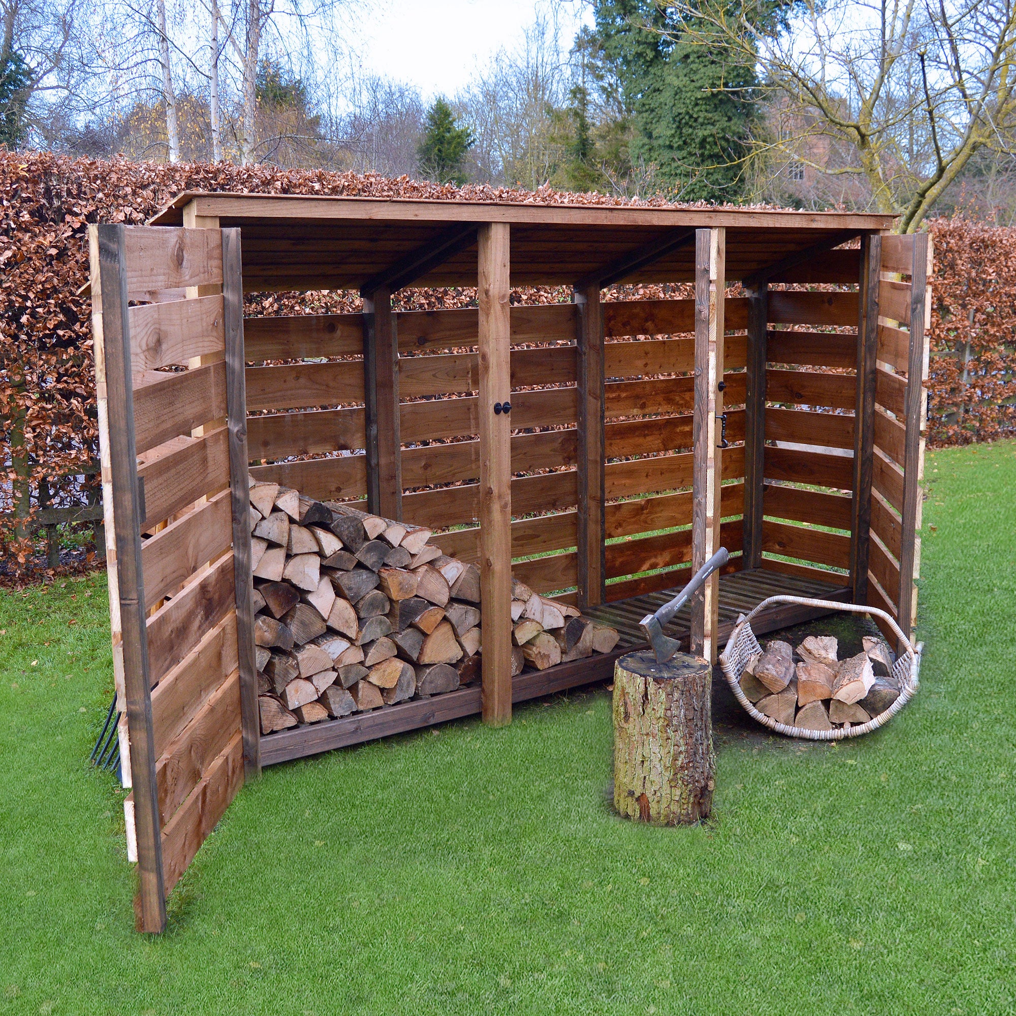 Empingham Log Store - Rustic Brown - Slatted Panels - 11ft Wide x 6ft Tall