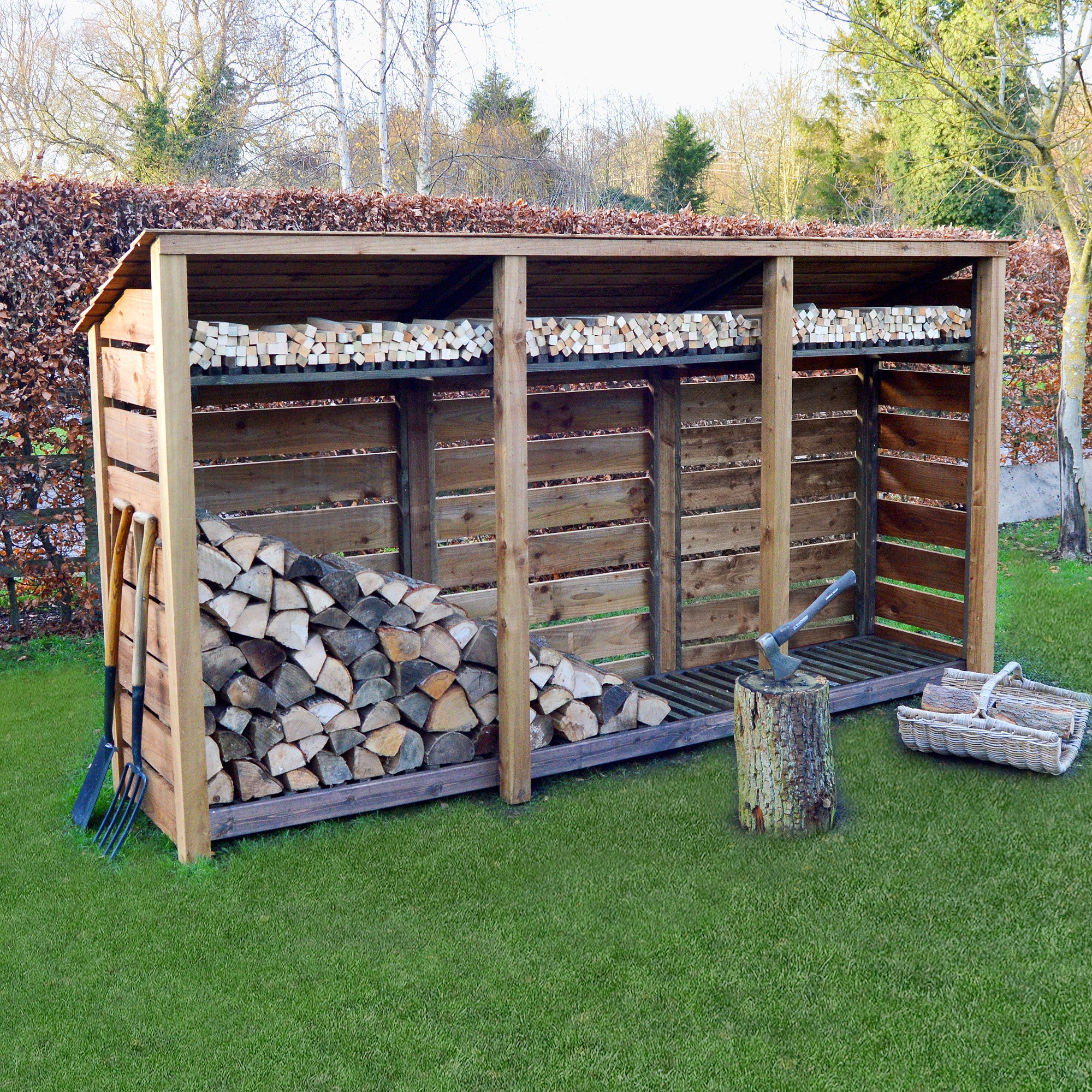 Empingham Log Store - Rustic Brown - Slatted Panels - 11ft Wide x 6ft Tall