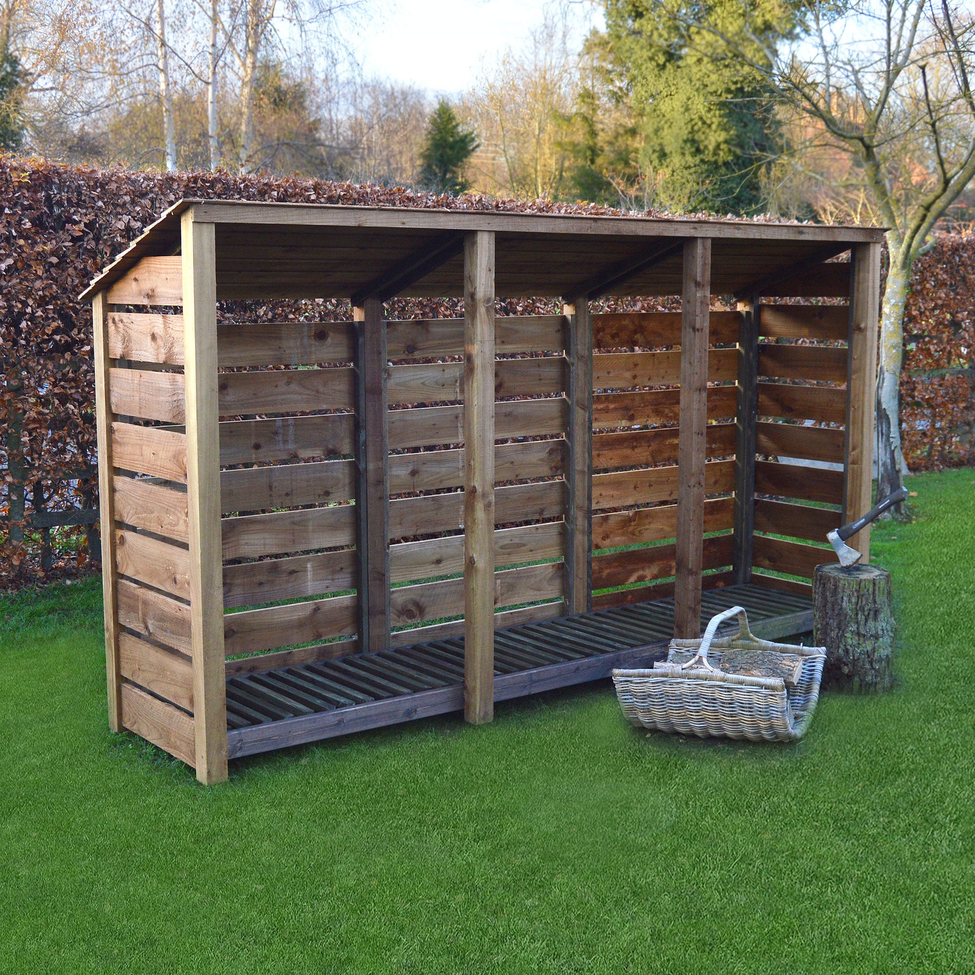 Empingham Log Store - Rustic Brown - Slatted Panels - 11ft Wide x 6ft Tall