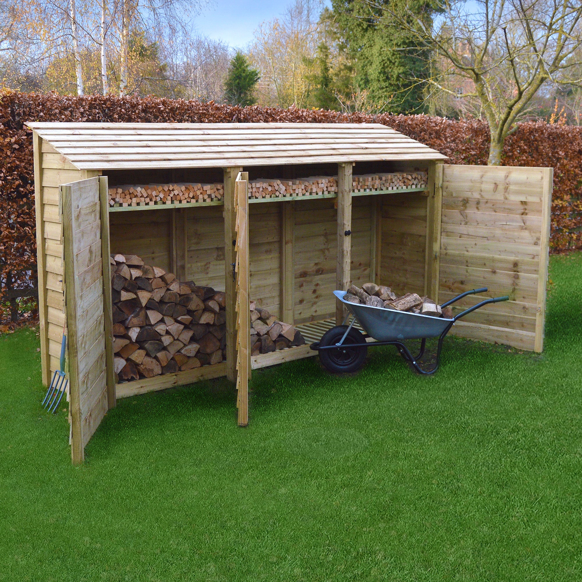Empingham Log Store - Light Green - Solid Panels - 11ft Wide x 6ft Tall