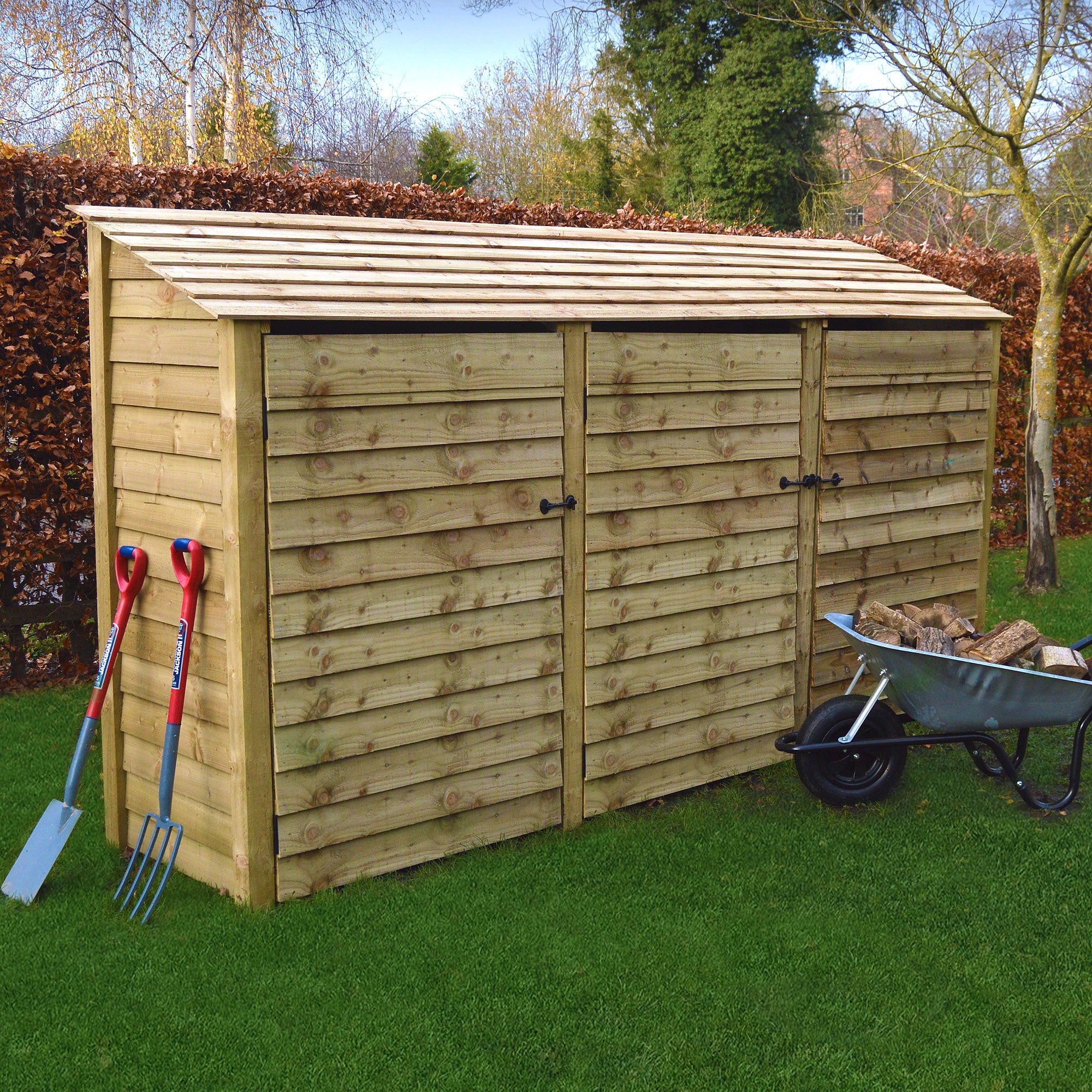 Empingham Log Store - Light Green - Solid Panels - 11ft Wide x 6ft Tall