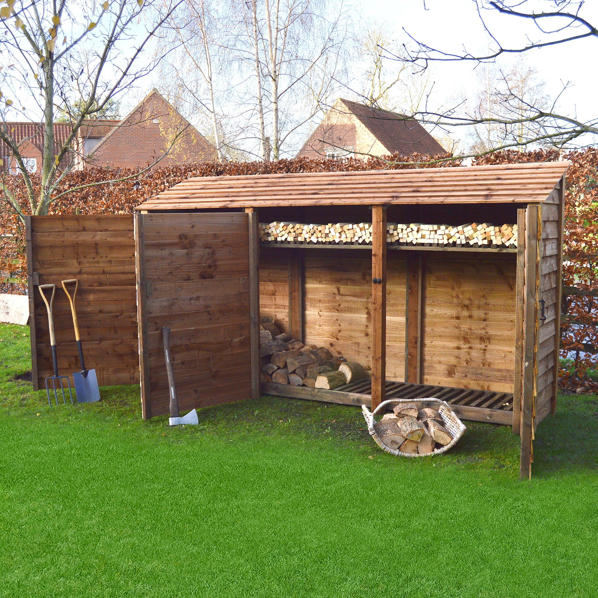 Ryhall Log Store - Rustic Brown - Solid Panels - 9ft Wide x 6ft Tall