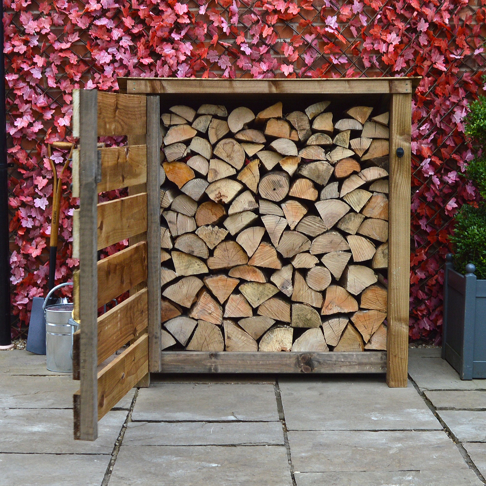 Greetham Log Store - Rustic Brown - Slatted Panels - 4ft Wide x 4ft Tall