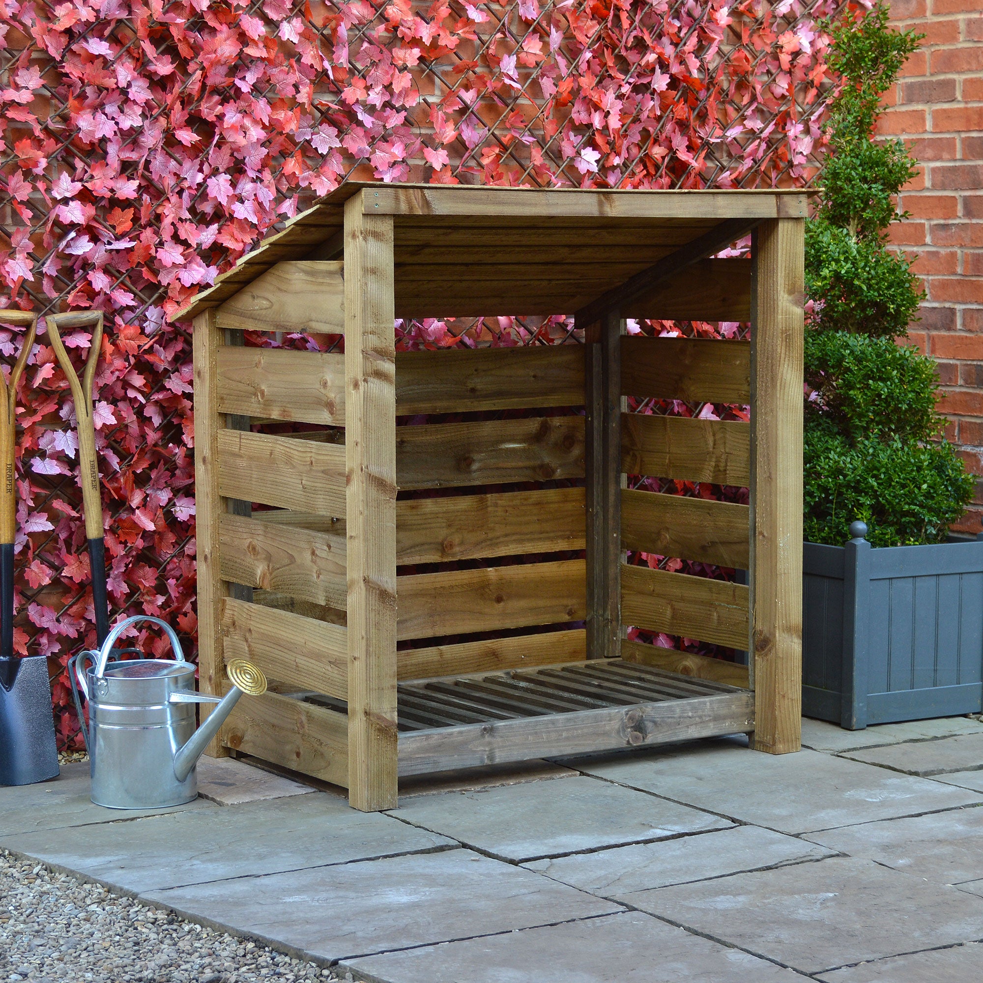 Greetham Log Store - Rustic Brown - Slatted Panels - 4ft Wide x 4ft Tall