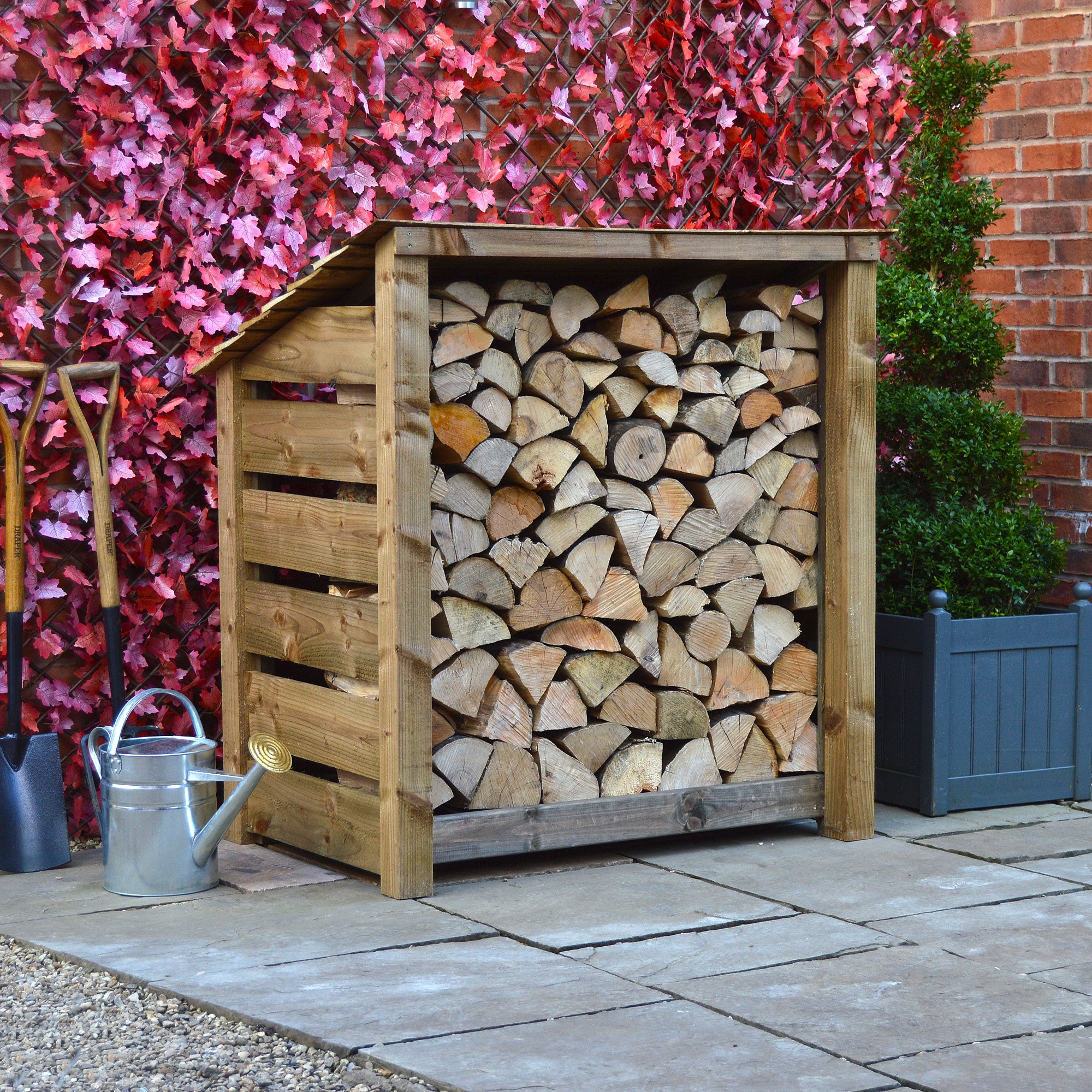 Greetham Log Store - Rustic Brown - Slatted Panels - 4ft Wide x 4ft Tall