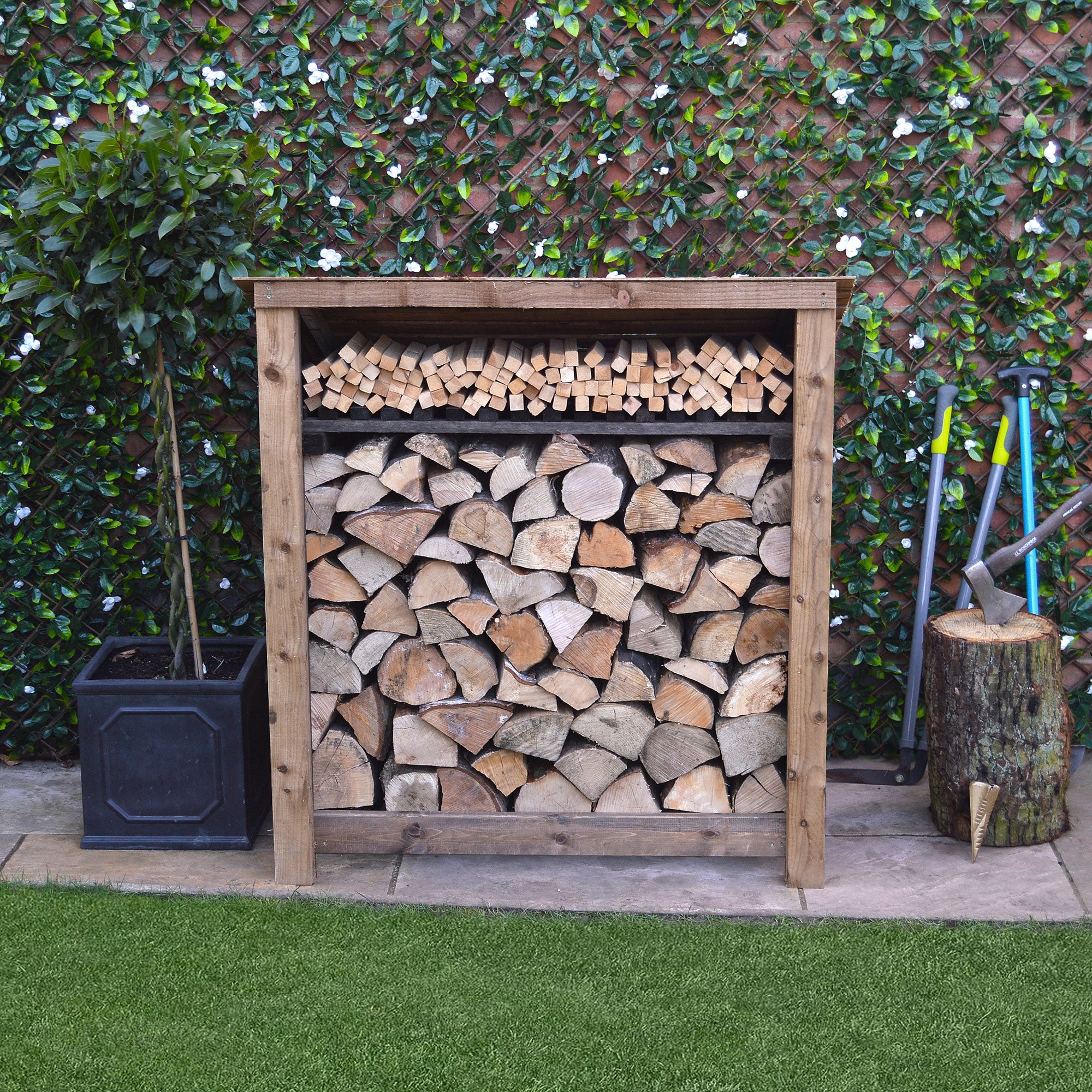 Greetham Log Store - Rustic Brown - Slatted Panels - 4ft Wide x 4ft Tall