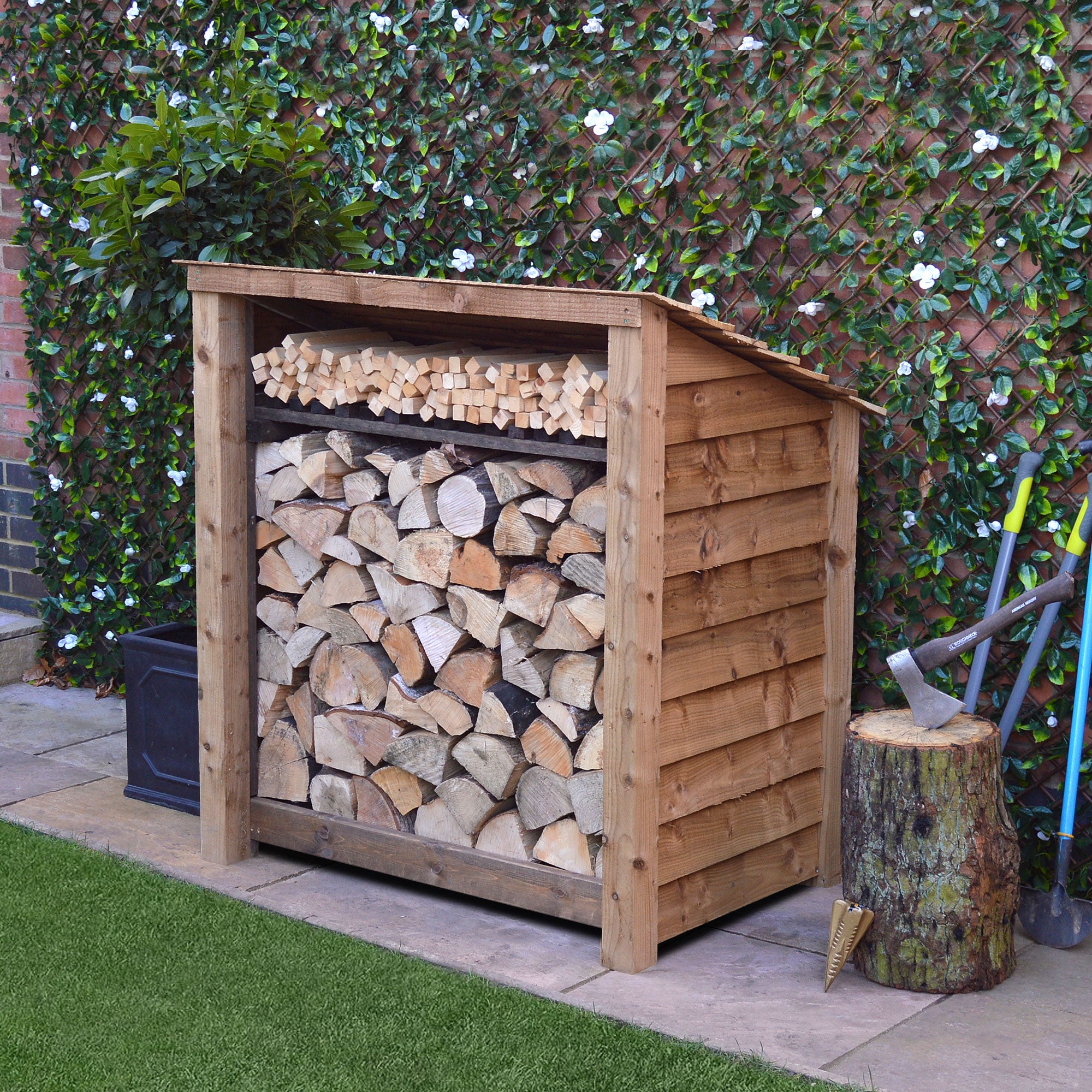 Greetham Log Store - Rustic Brown - Solid Panels - 4ft Wide x 4ft Tall - Clearance Grade