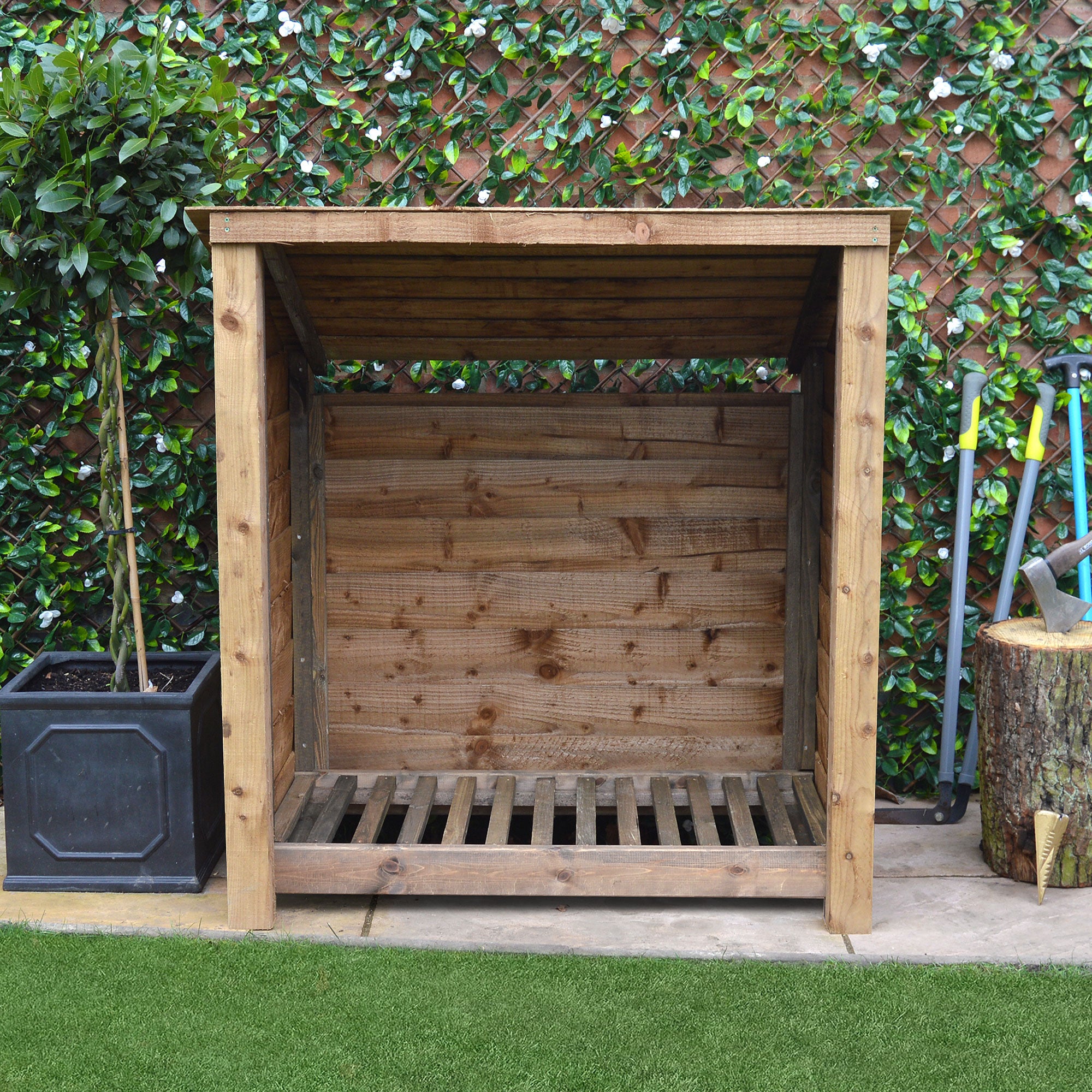 Greetham Log Store - Rustic Brown - Solid Panels - 4ft Wide x 4ft Tall - Clearance Grade