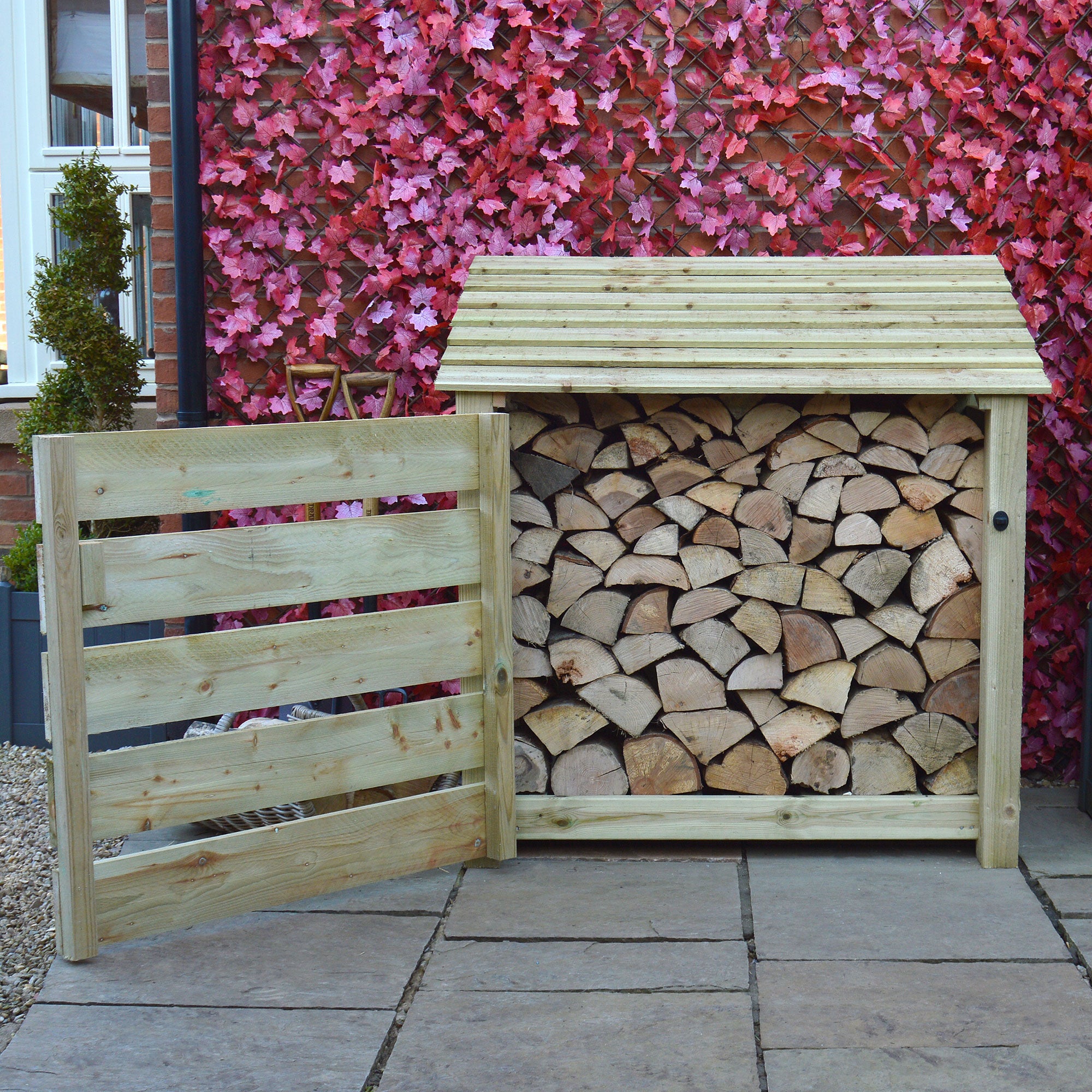 Greetham Log Store - Light Green - Slatted Panels - 4ft Wide x 4ft Tall